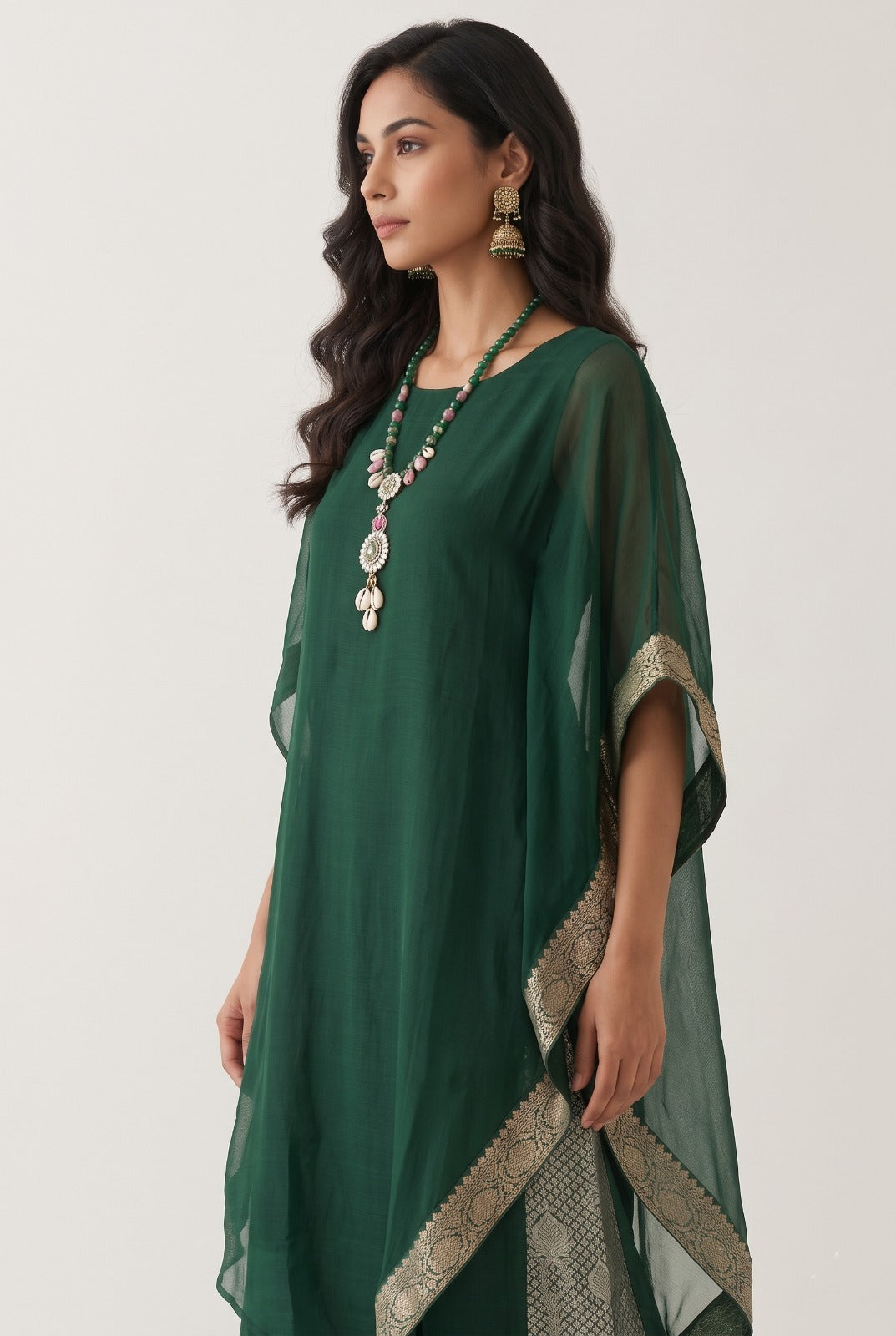 Emerald Green Embellished Khadi linen Kaftan Set