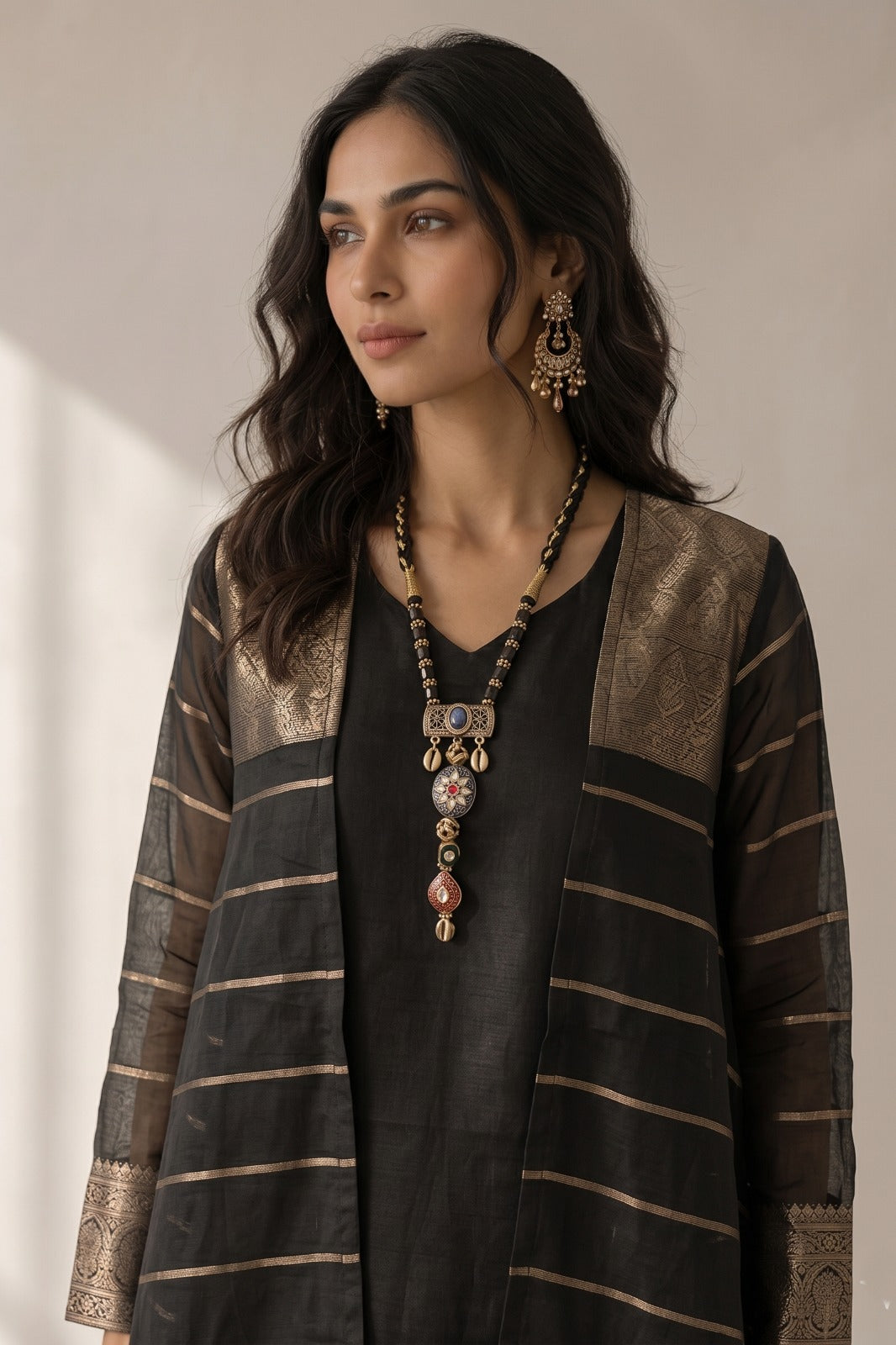 Jet Black Embellished Khadi linen Pant Set