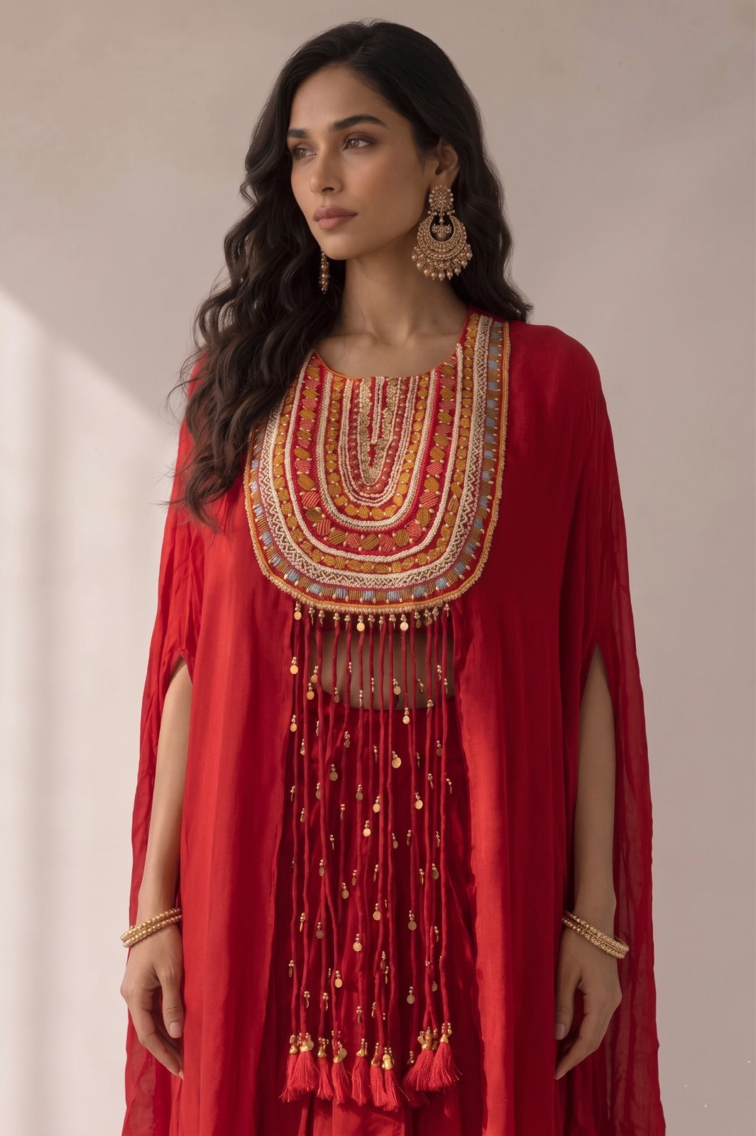 Rich Red Embellished Crepe Silk Skirt Set