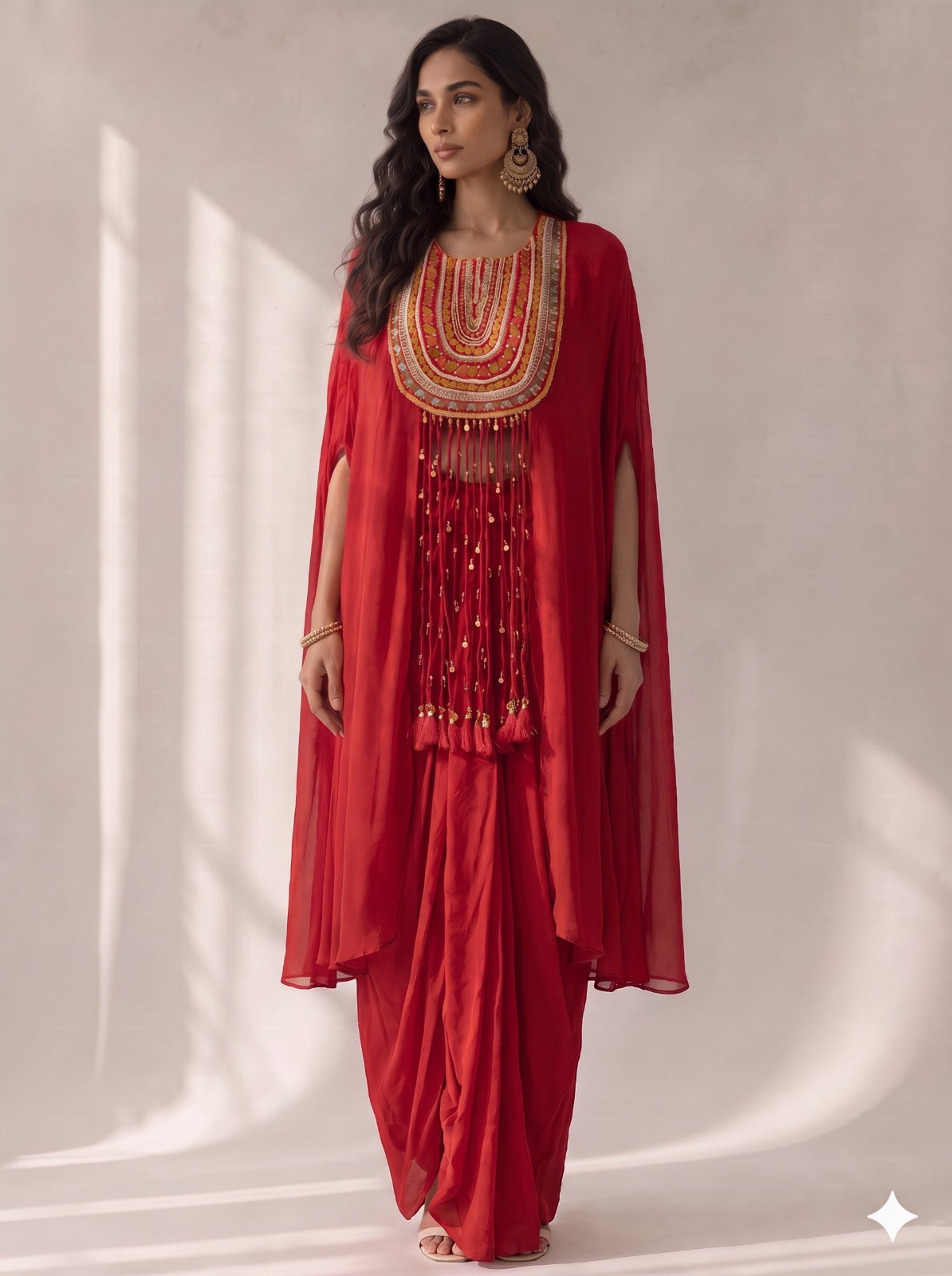 Rich Red Embellished Crepe Silk Skirt Set