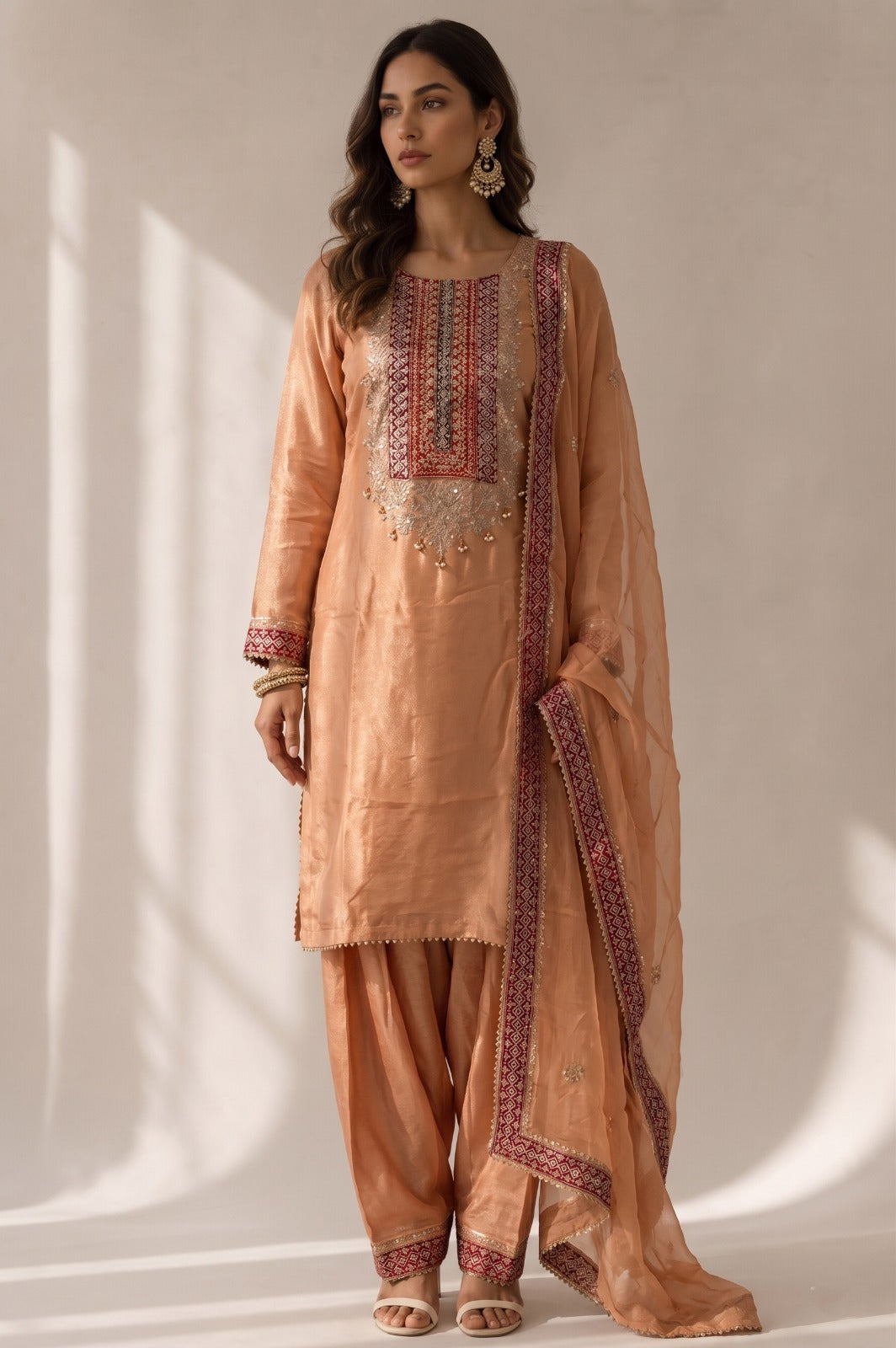 Soft Peach Embellished Shimmer Tissue Silk Salwar Set