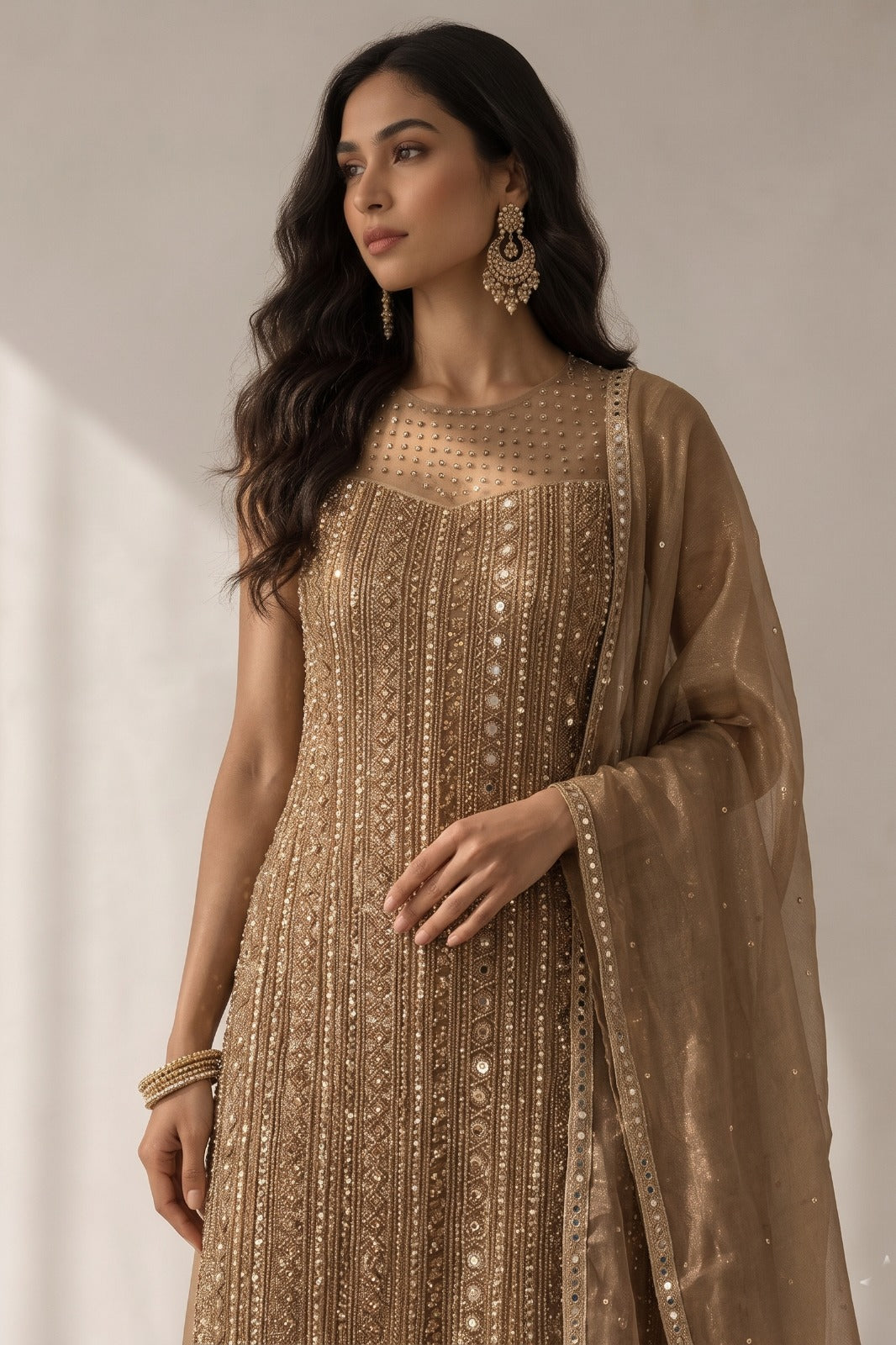 Metallic Bronze Embellished Shimmer Silk Palazzo Set