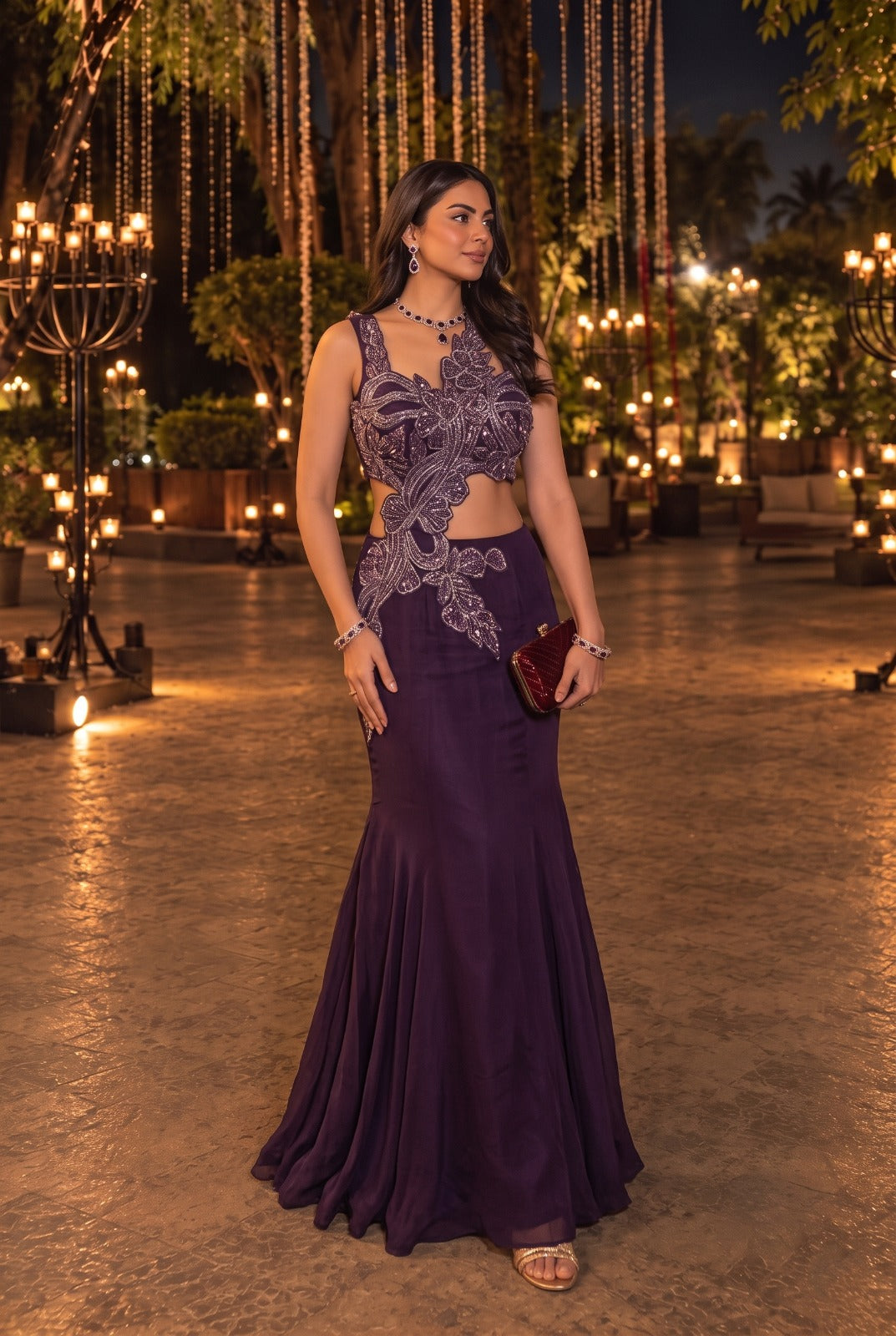 Deep Plum Purple Embellished Organza Silk Skirt Set