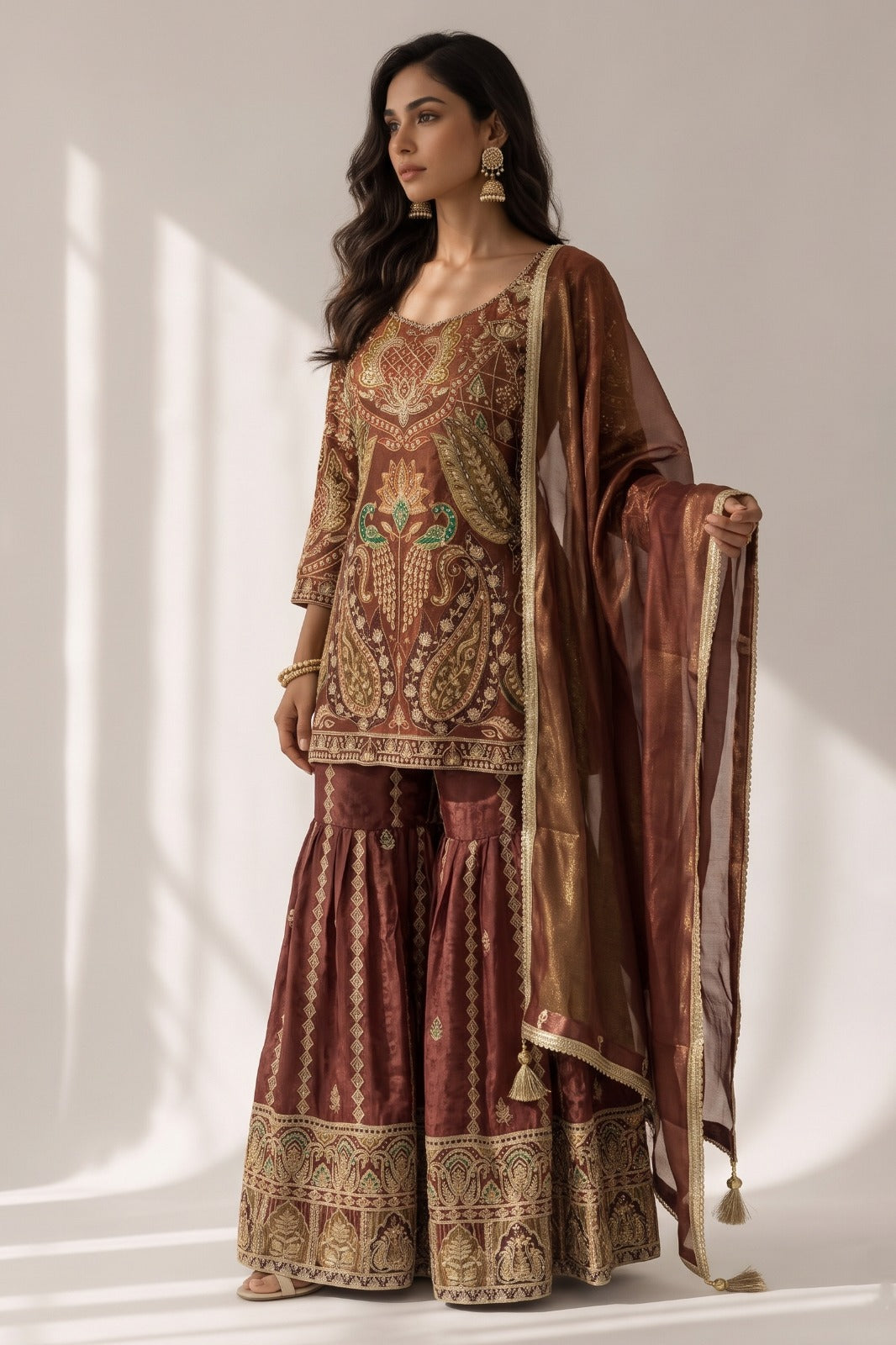 Copper Rust Embellished Shimmer Silk Sharara Set