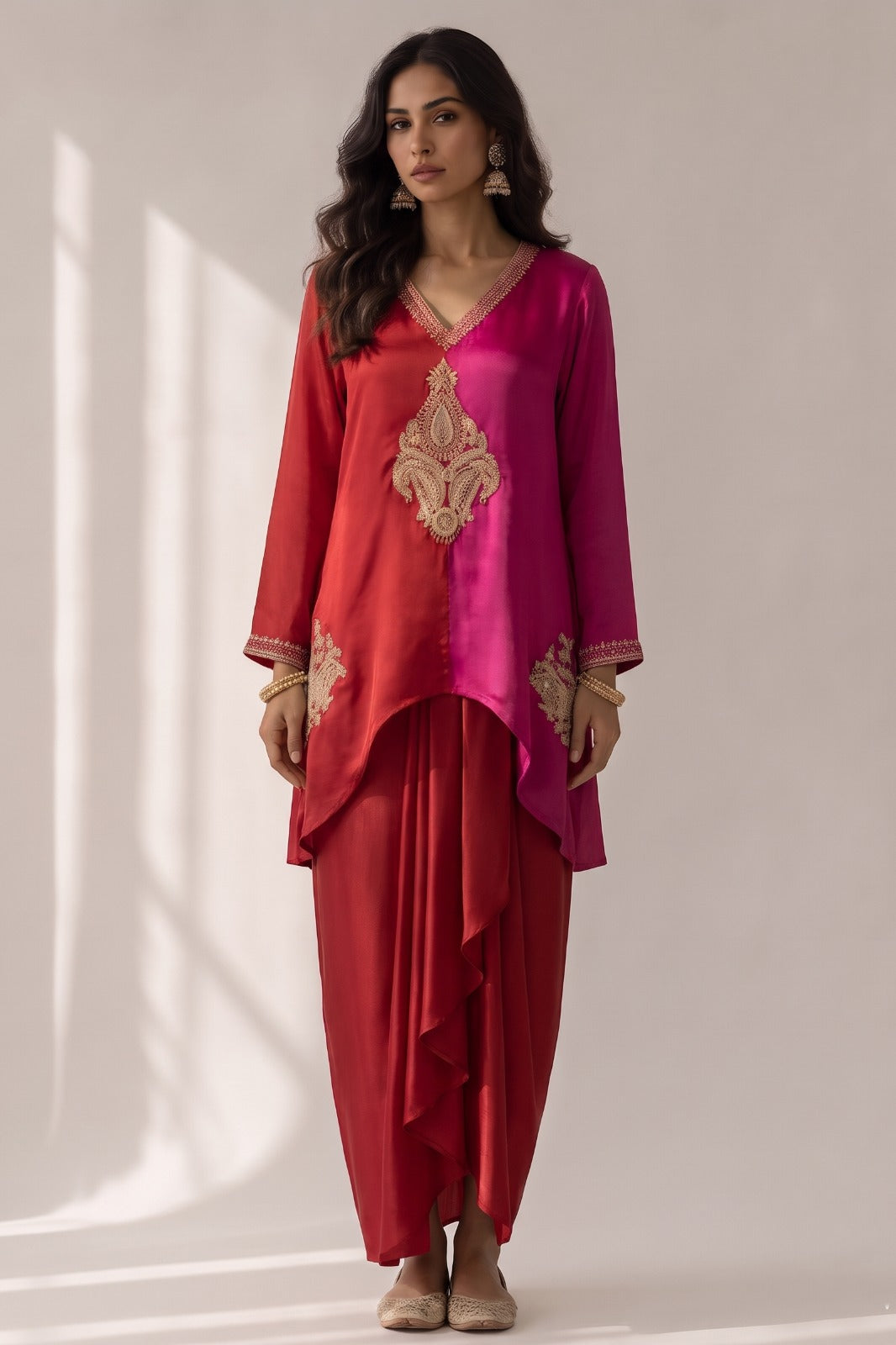 Red & Pink Ombre Embellished Satin Silk Skirt Set