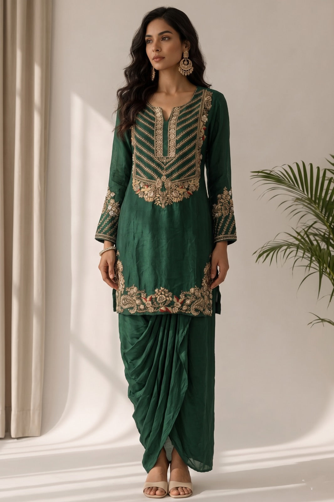 Emerald Green Embellished Satin Silk Skirt Set