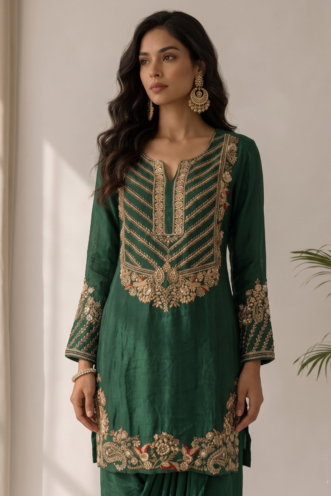 Emerald Green Embellished Satin Silk Skirt Set