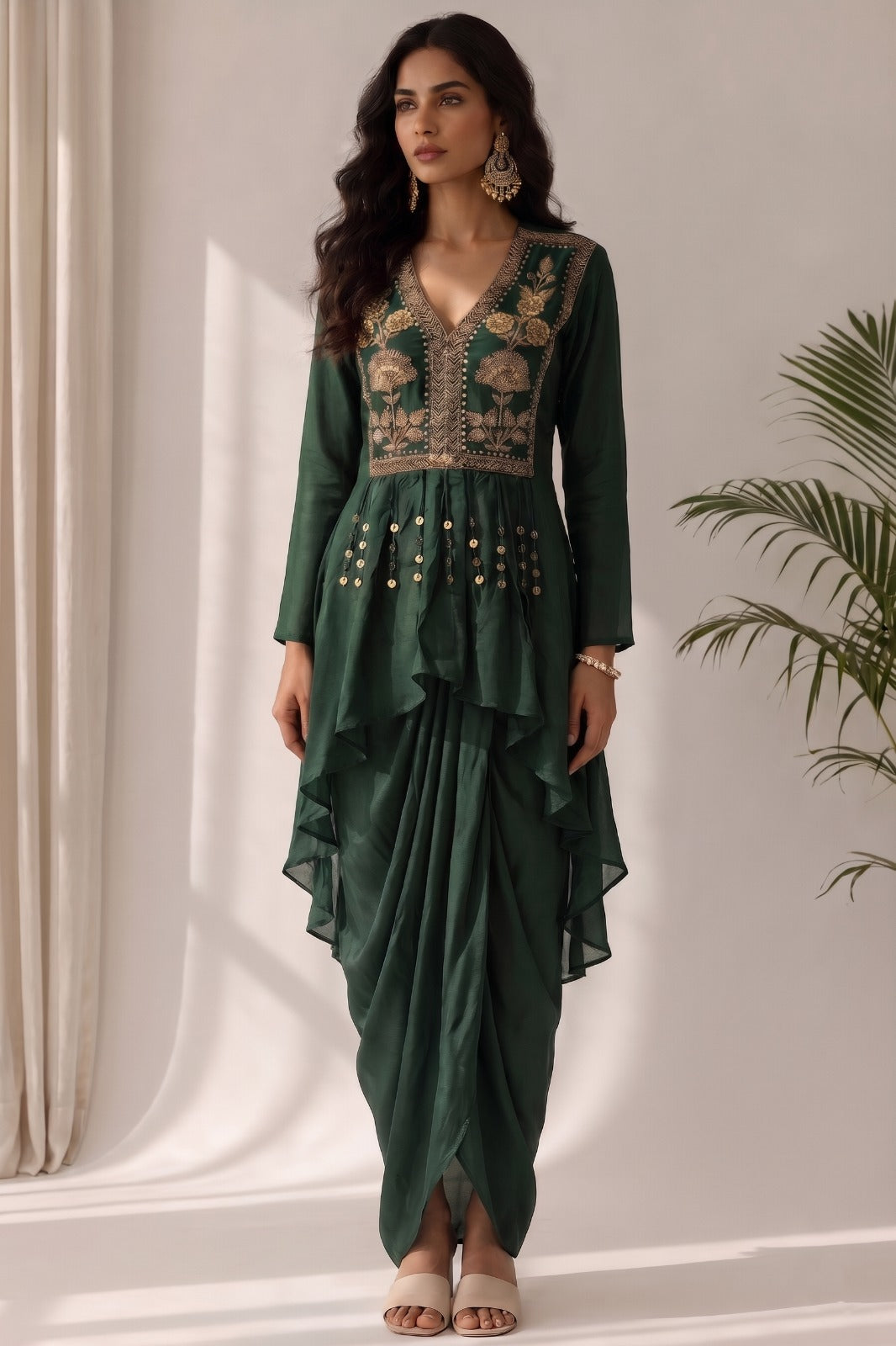 Bottle Green Embellished Raw Silk Skirt Set