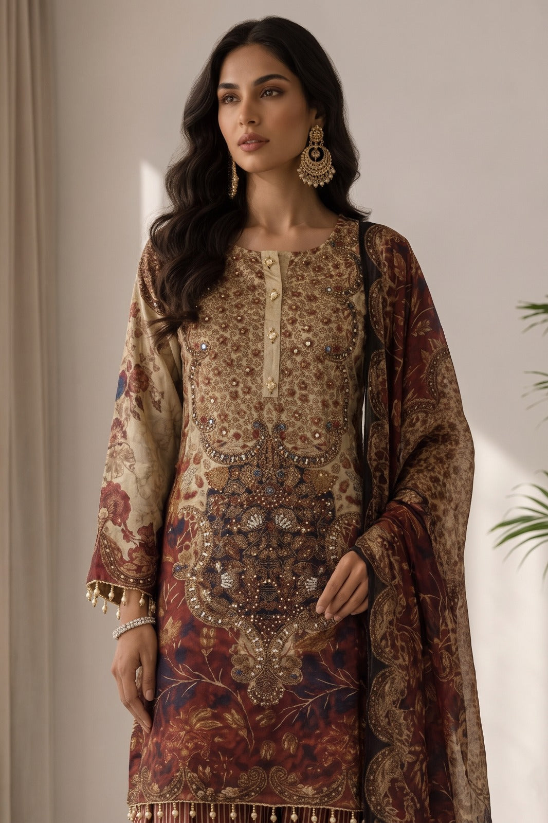 Warm Beige Embellished Muslin Silk Palazzo Set