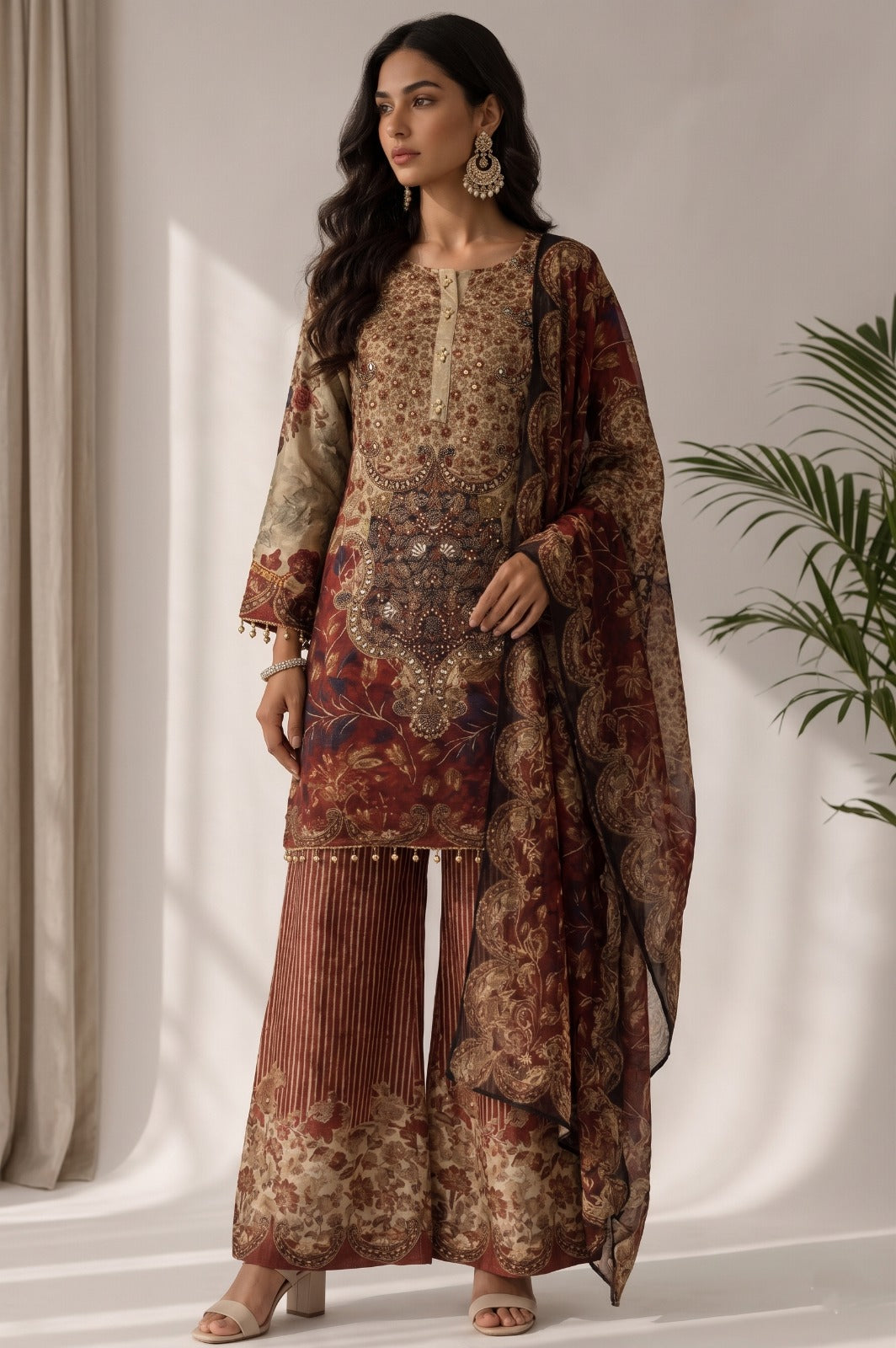 Warm Beige Embellished Muslin Silk Palazzo Set