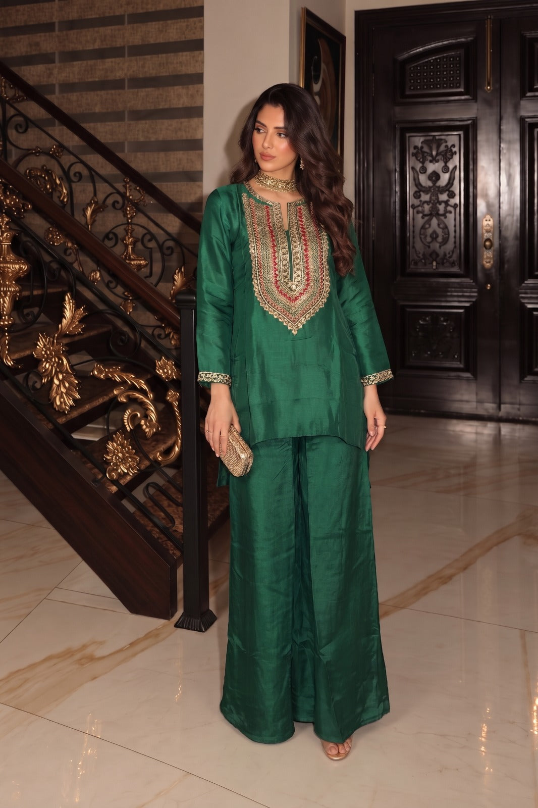 Forest Green Embellished Organza Silk Palazzo Set