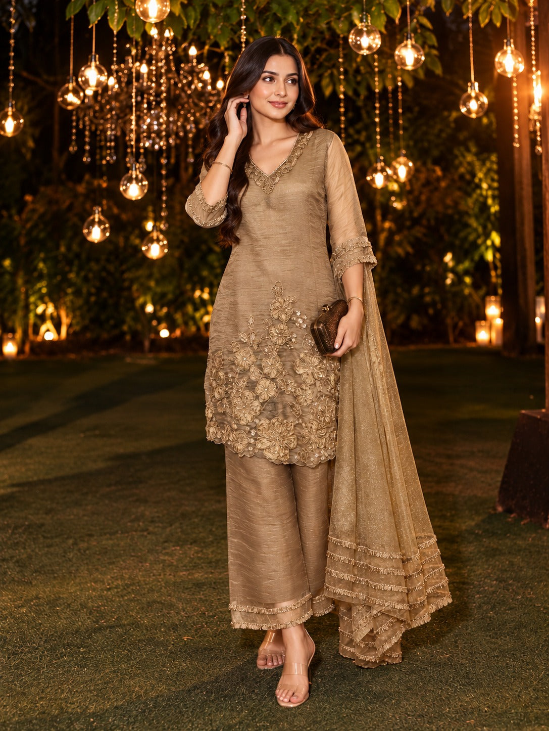 Champagne Bronze Embellished Shimmer Tissue Silk Palazzo Set