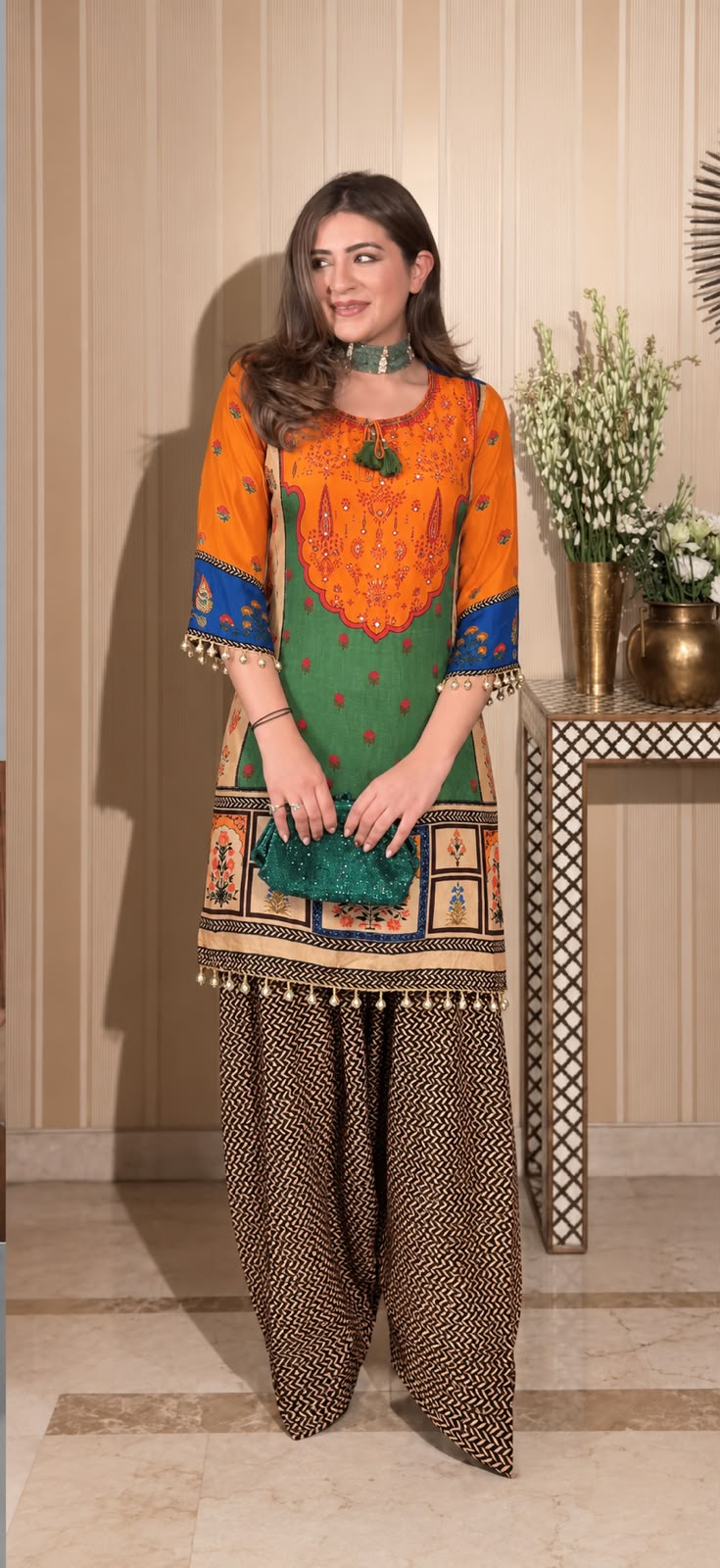 Tangerine Orange Embellished Crepe Silk Salwar Set