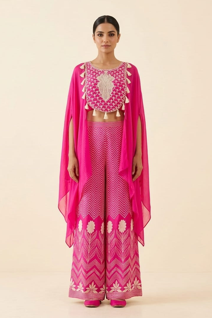 Fuchsia Pink Embellished Crepe Silk Kaftan Set