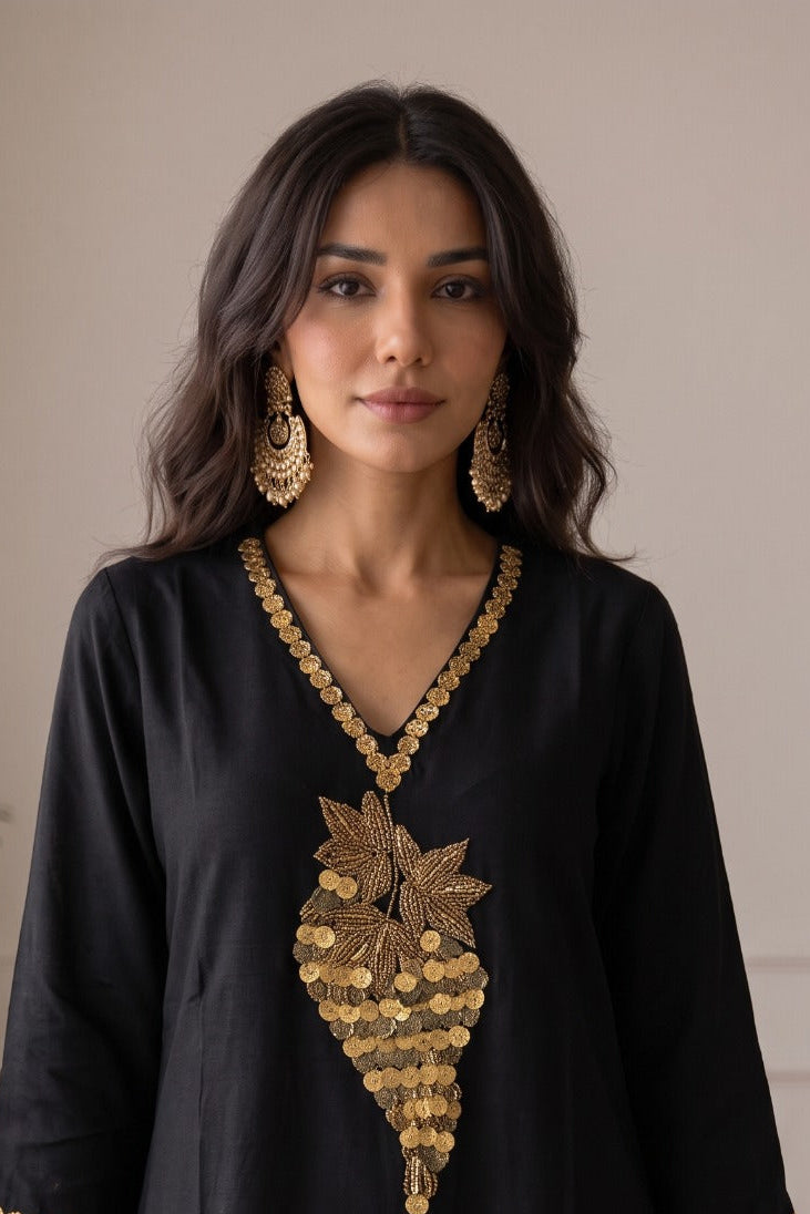 Jet Black Embellished Satin Silk Co-rd Set