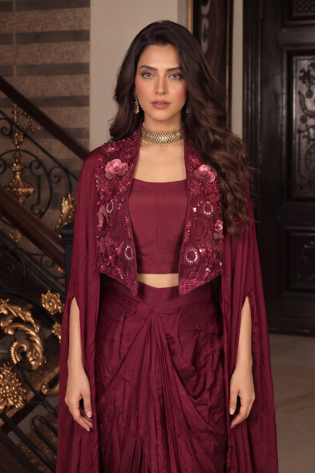 Deep Maroon Embellished Satin Silk Skirt Set