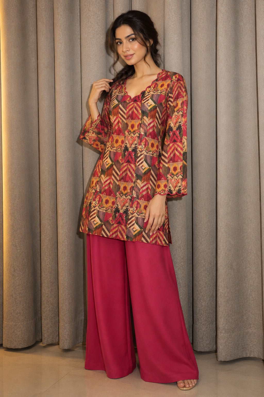 Magenta Pink Printed Muslin Silk Palazzo Set