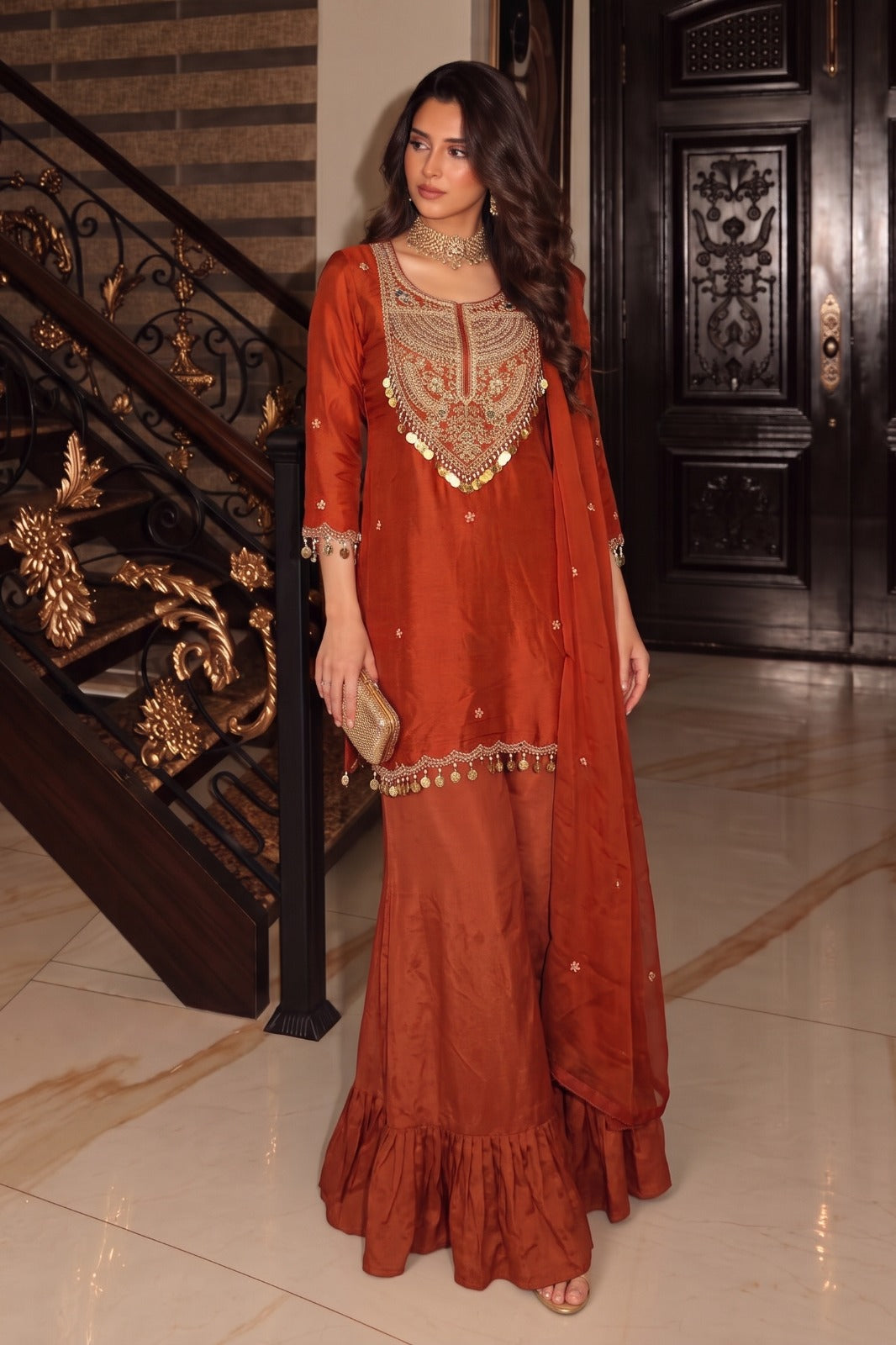 Rust Terracotta Embellished Georgette Silk Sharara Set