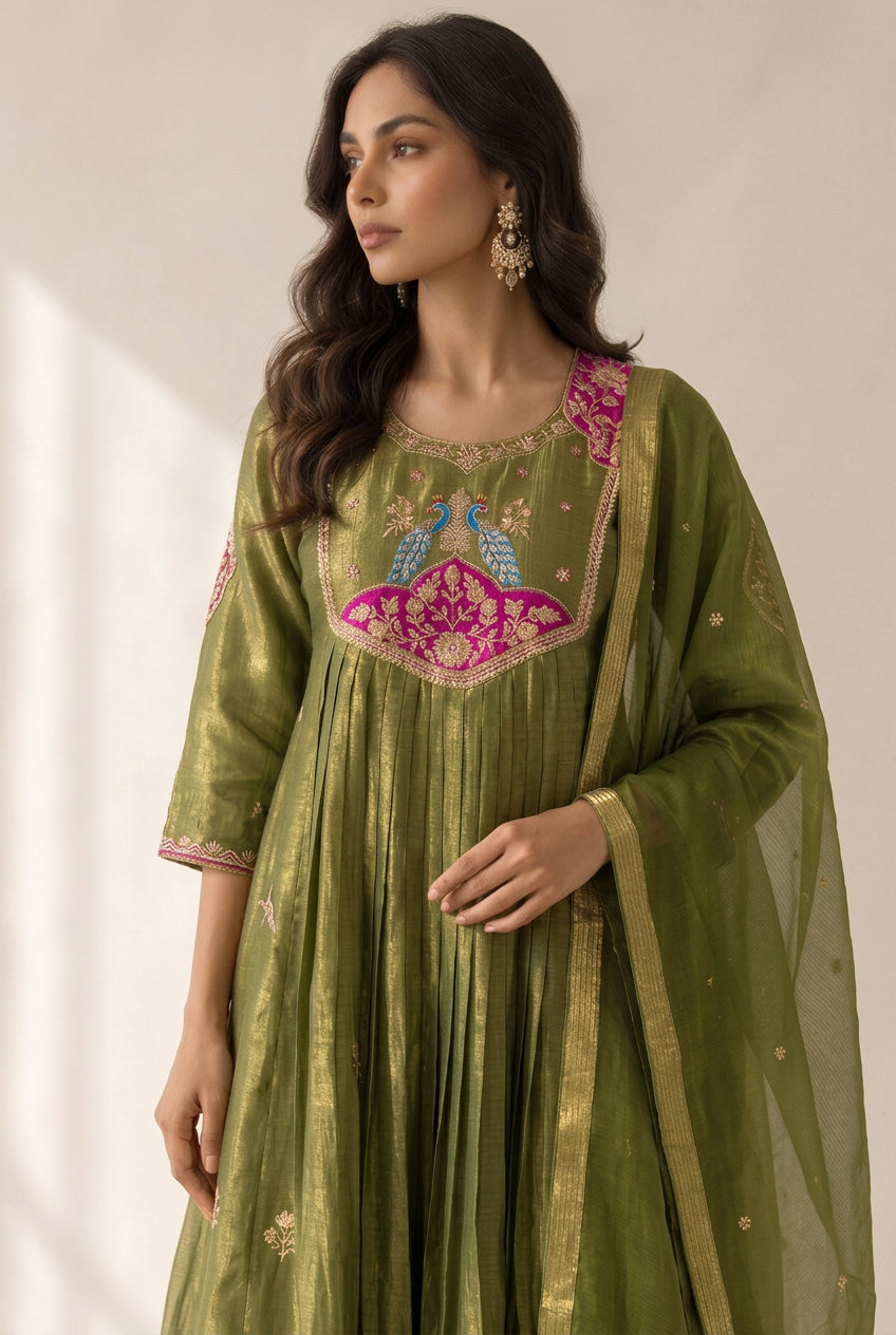Olive Green Embellished Organza Silk Palazzo Set