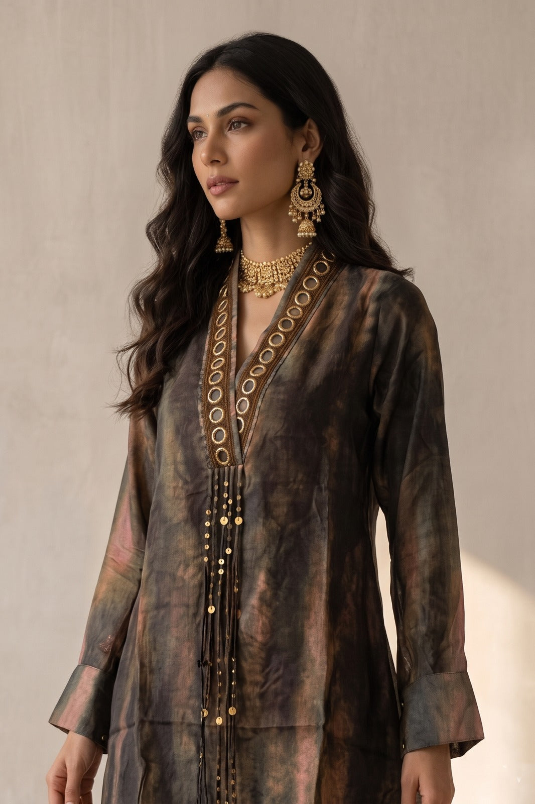 Earthy Brown Embellished Crepe Silk Palazzo Set