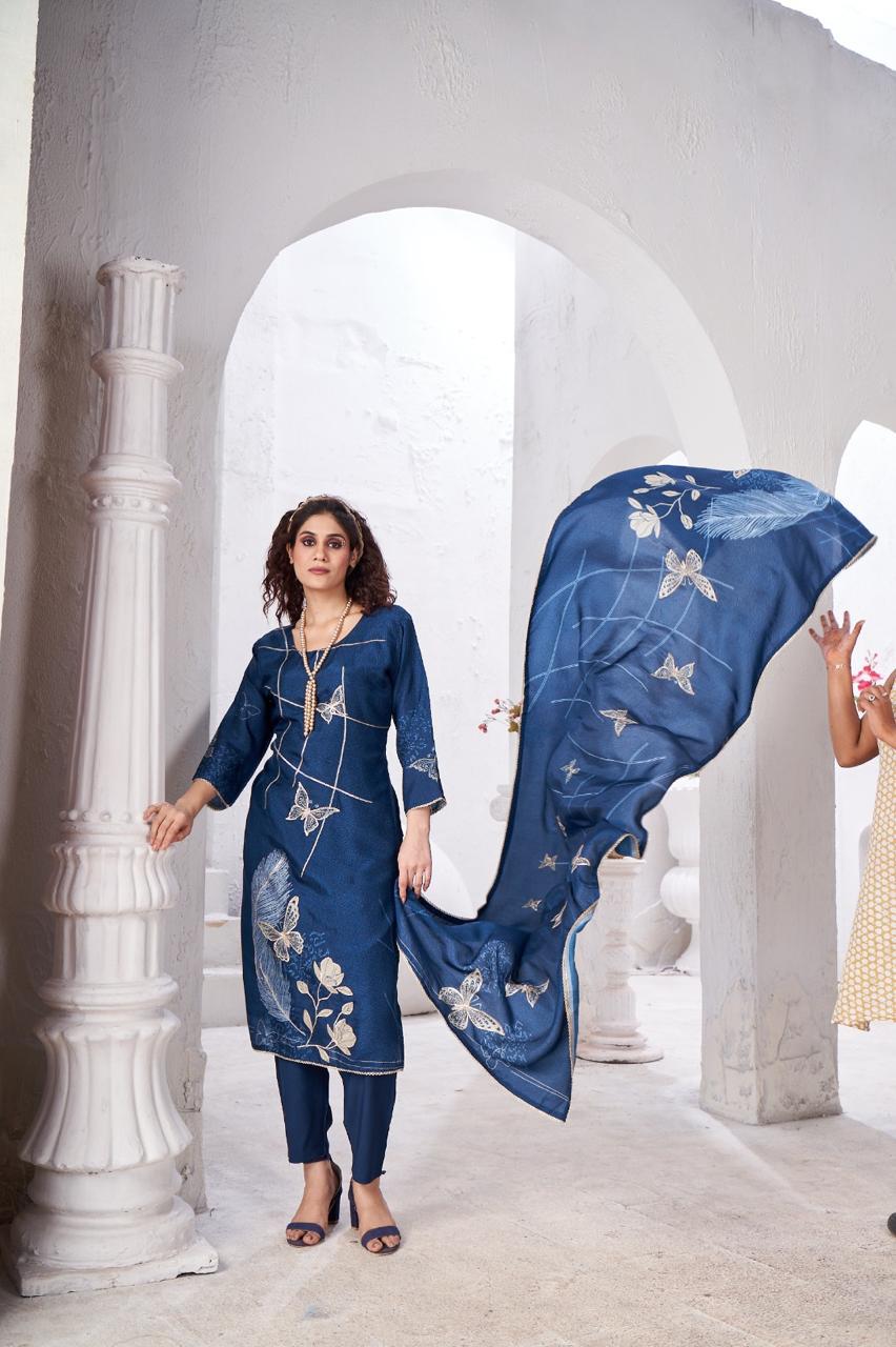 Blue Printed Premium Silk Pants Set