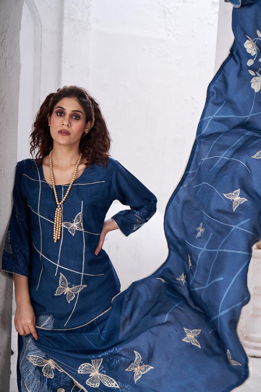 Blue Printed Premium Silk Pants Set