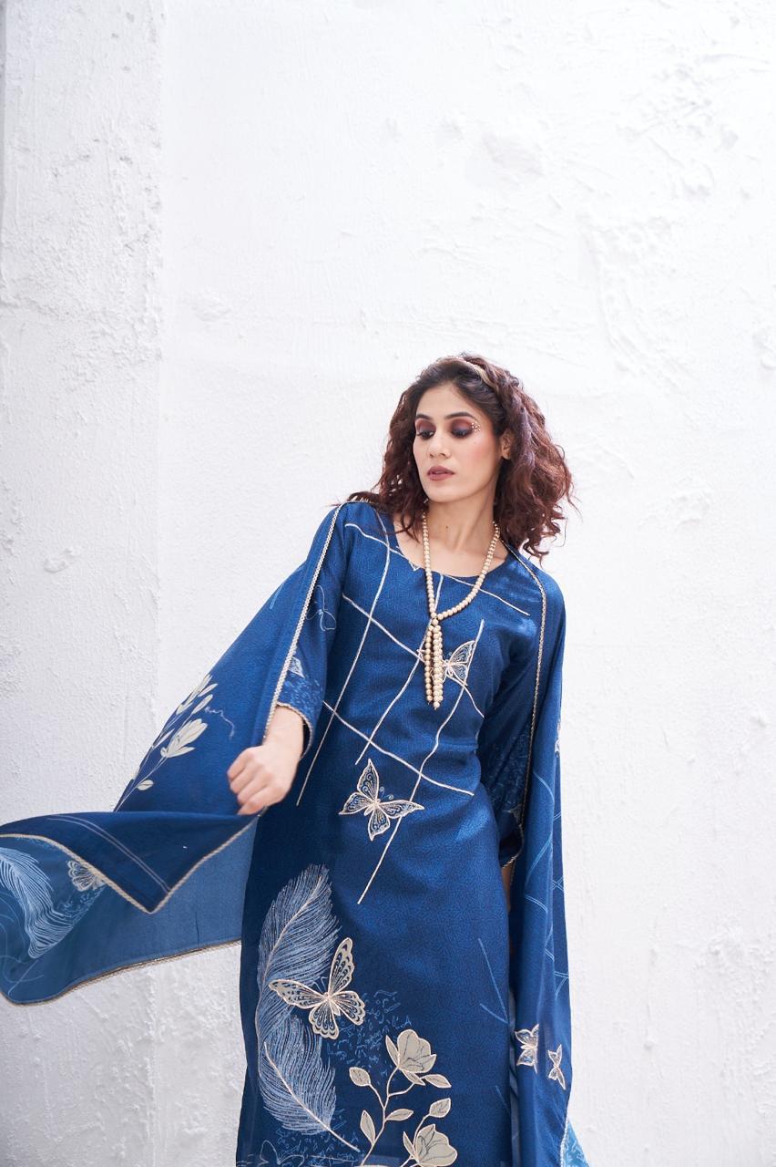 Blue Printed Premium Silk Pants Set