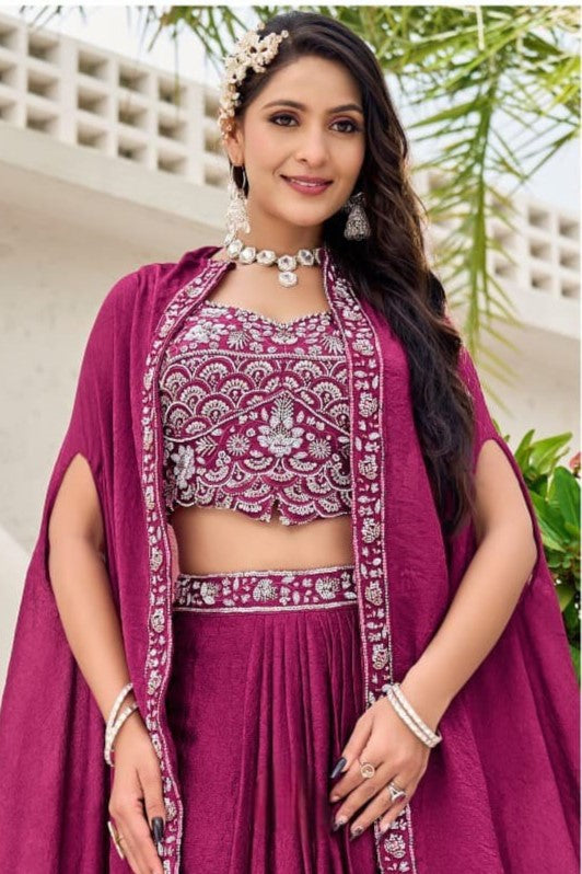 Fuchsia Pink Embellished Crushed Tissue Silk Cape Set