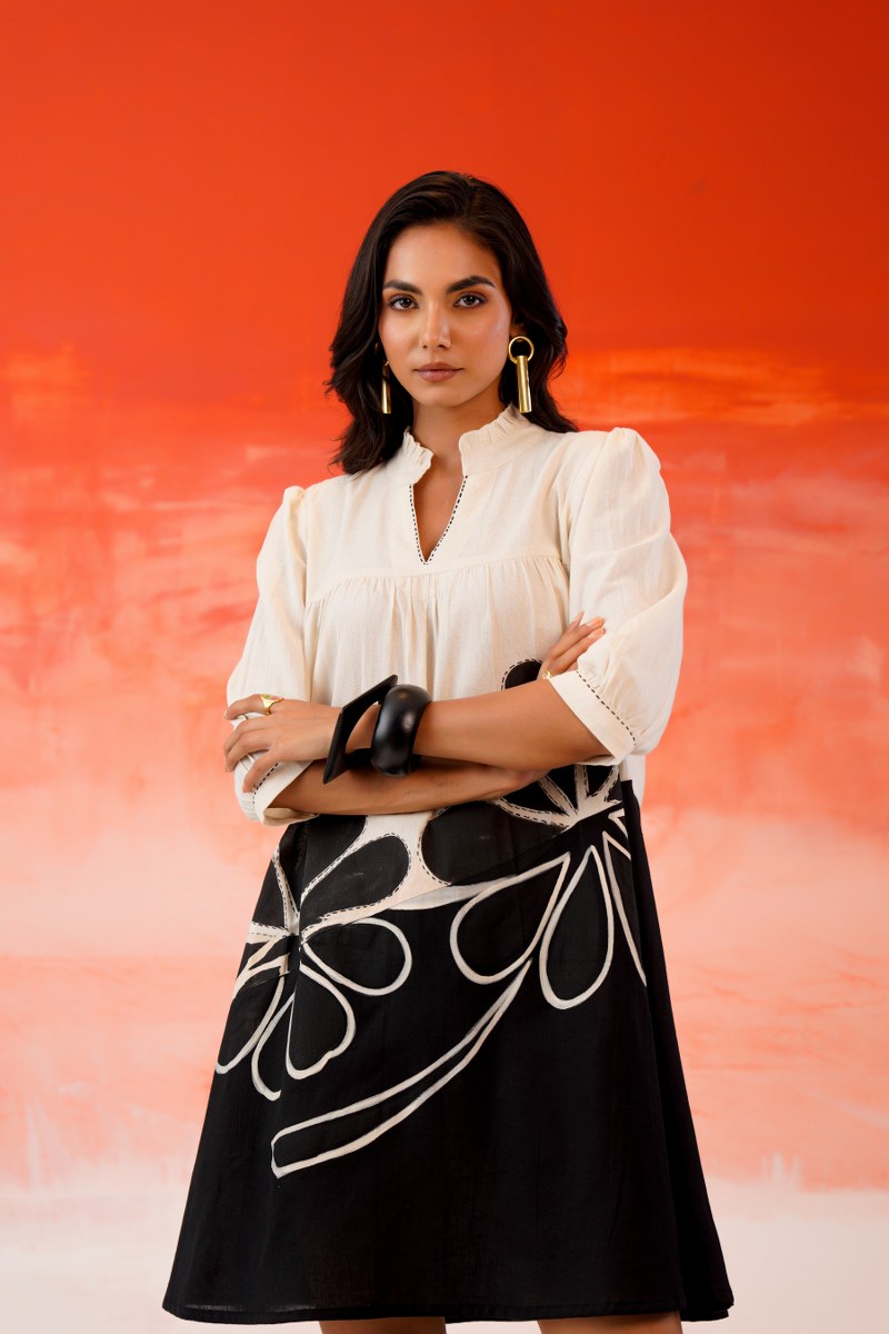 Mist White Hand-Painted Cotton Flared Dress