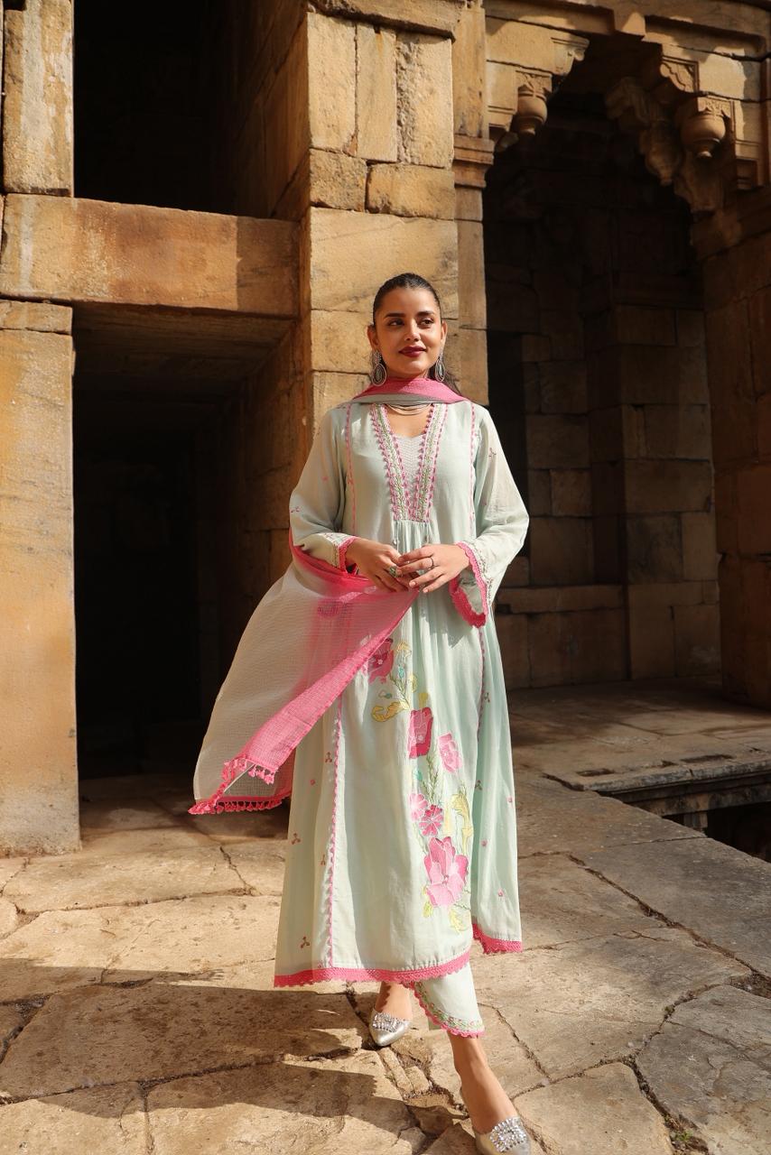 Sky Tulip Embroidered Cotton Anarkali Set