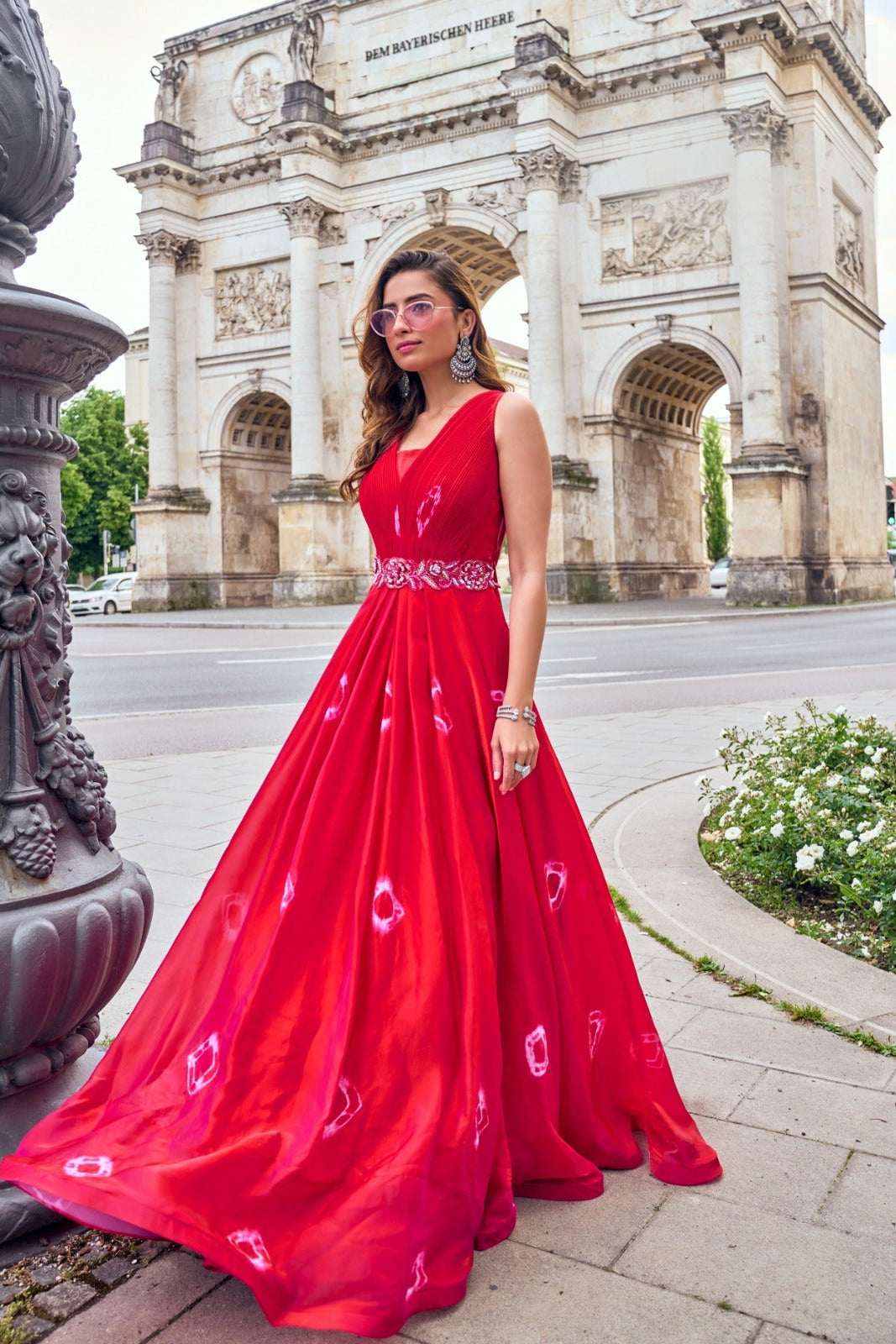 Ruby Glow Printed Organza Silk Gown