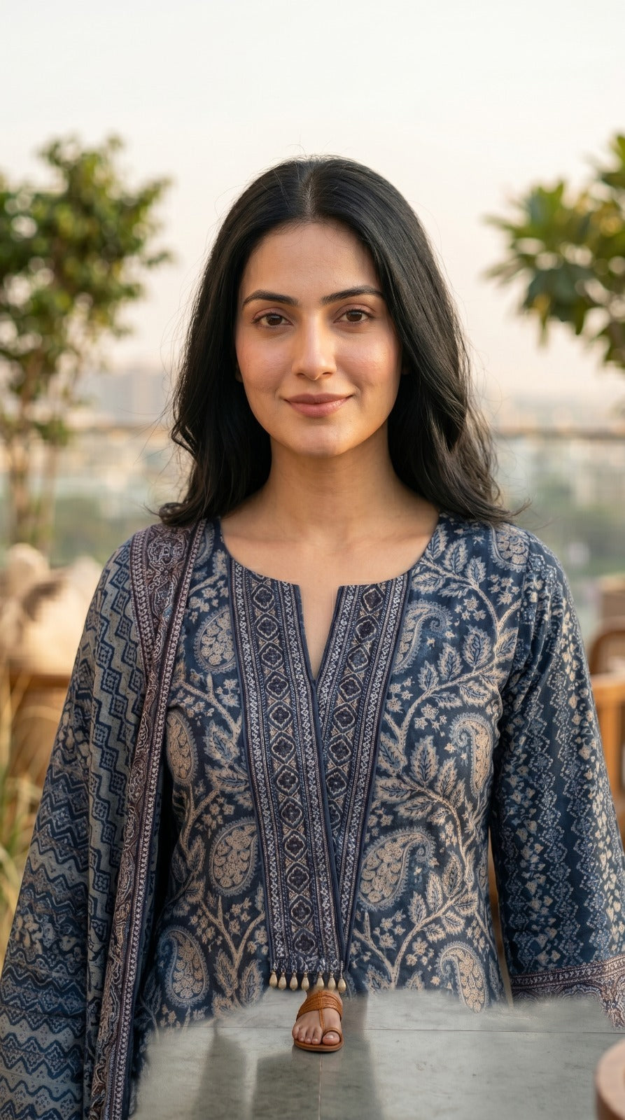 Indigo Blue Printed Crepe Silk Pant Set