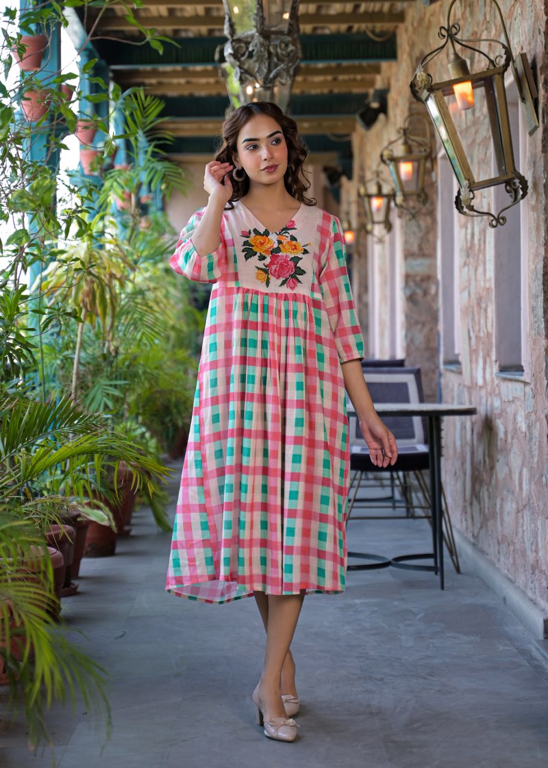 The Strawberry Mint Gingham Floral Cotton Dress