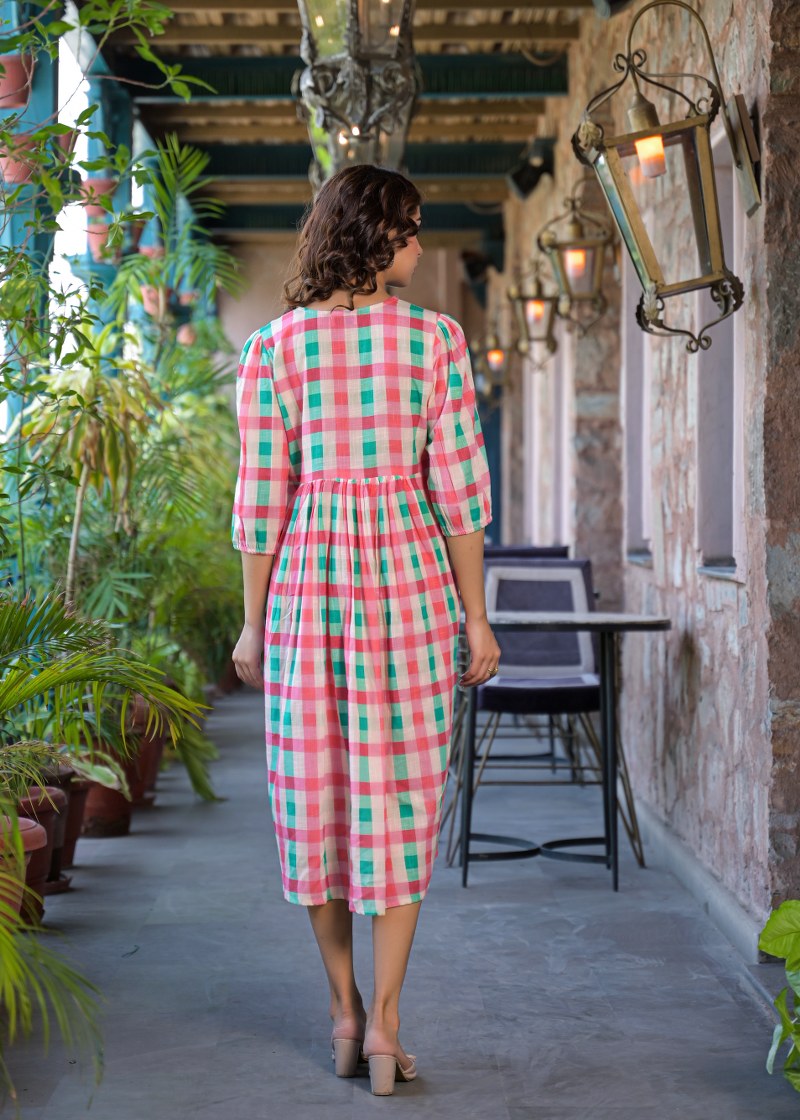 The Strawberry Mint Gingham Floral Cotton Dress