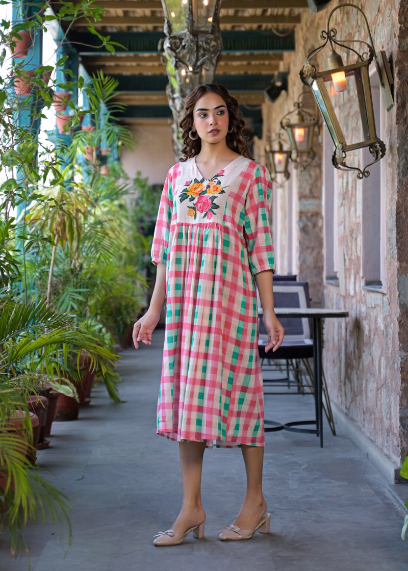 The Strawberry Mint Gingham Floral Cotton Dress
