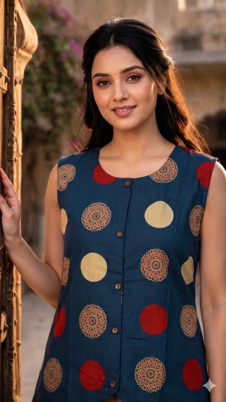 Teal Blue Circular Printed Cotton Co-Ord Set
