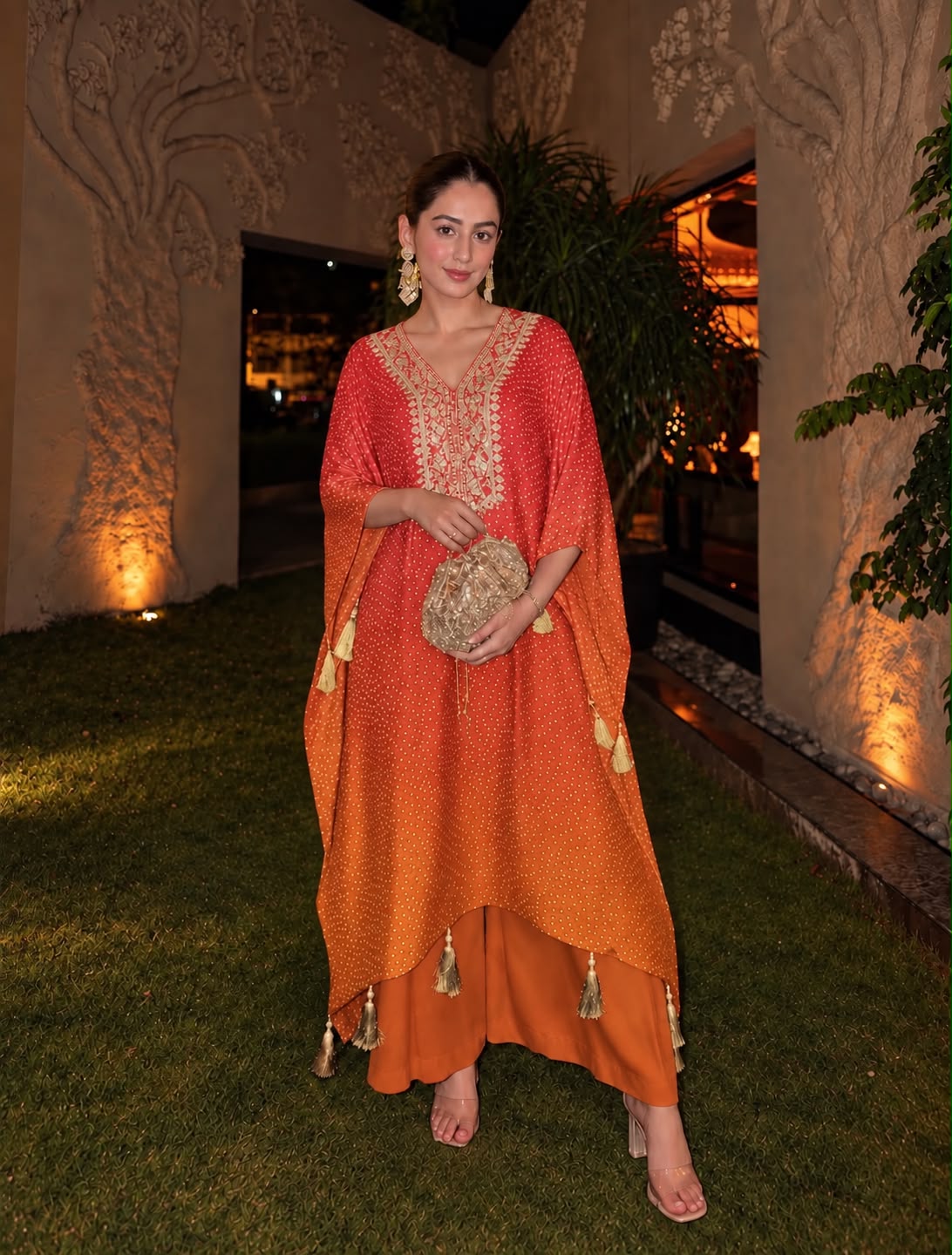 Orange & Pink Ombre Embellished Satin Silk Kaftan Set