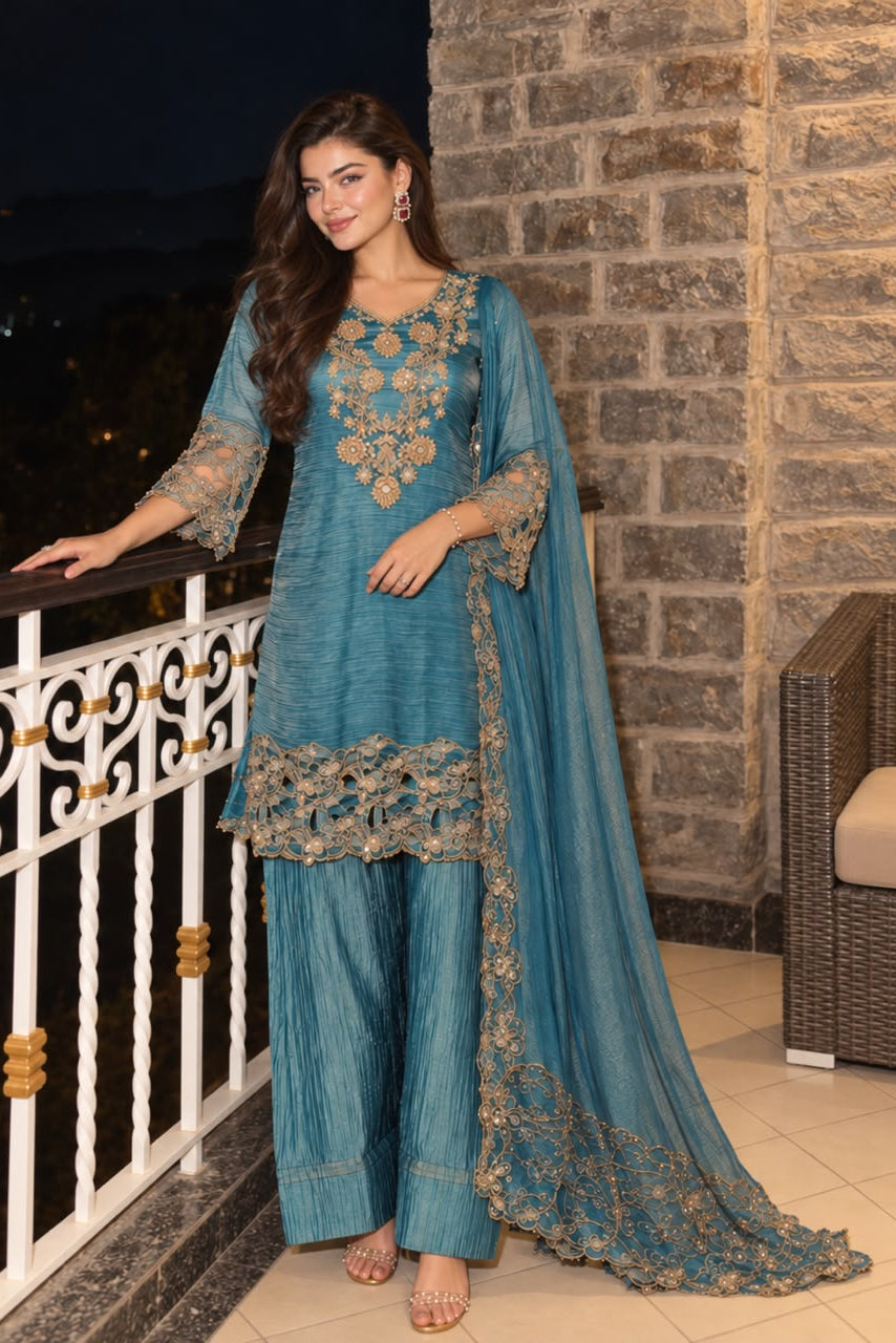 Ocean Blue Embellished Shimmer Tissue Silk Pant Set