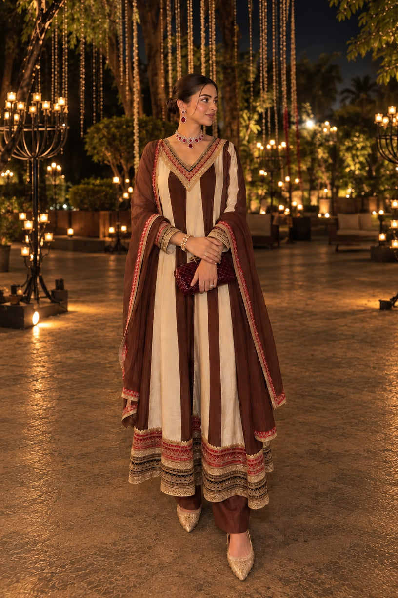 Chocolate Ivory Emebllished Pure Crepe Silk Anarkali Set