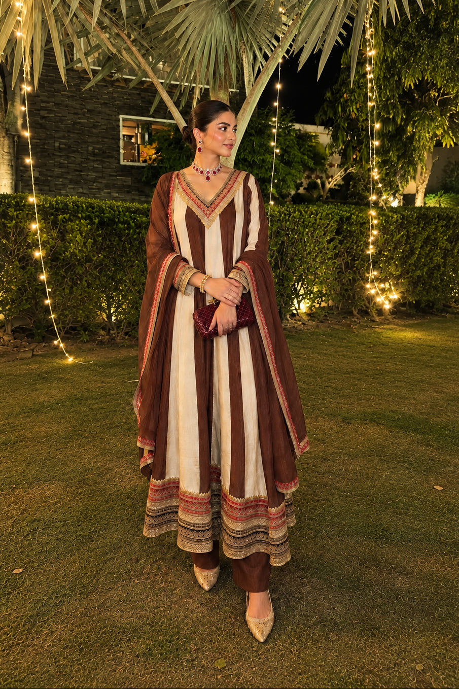 Chocolate Ivory Emebllished Pure Crepe Silk Anarkali Set