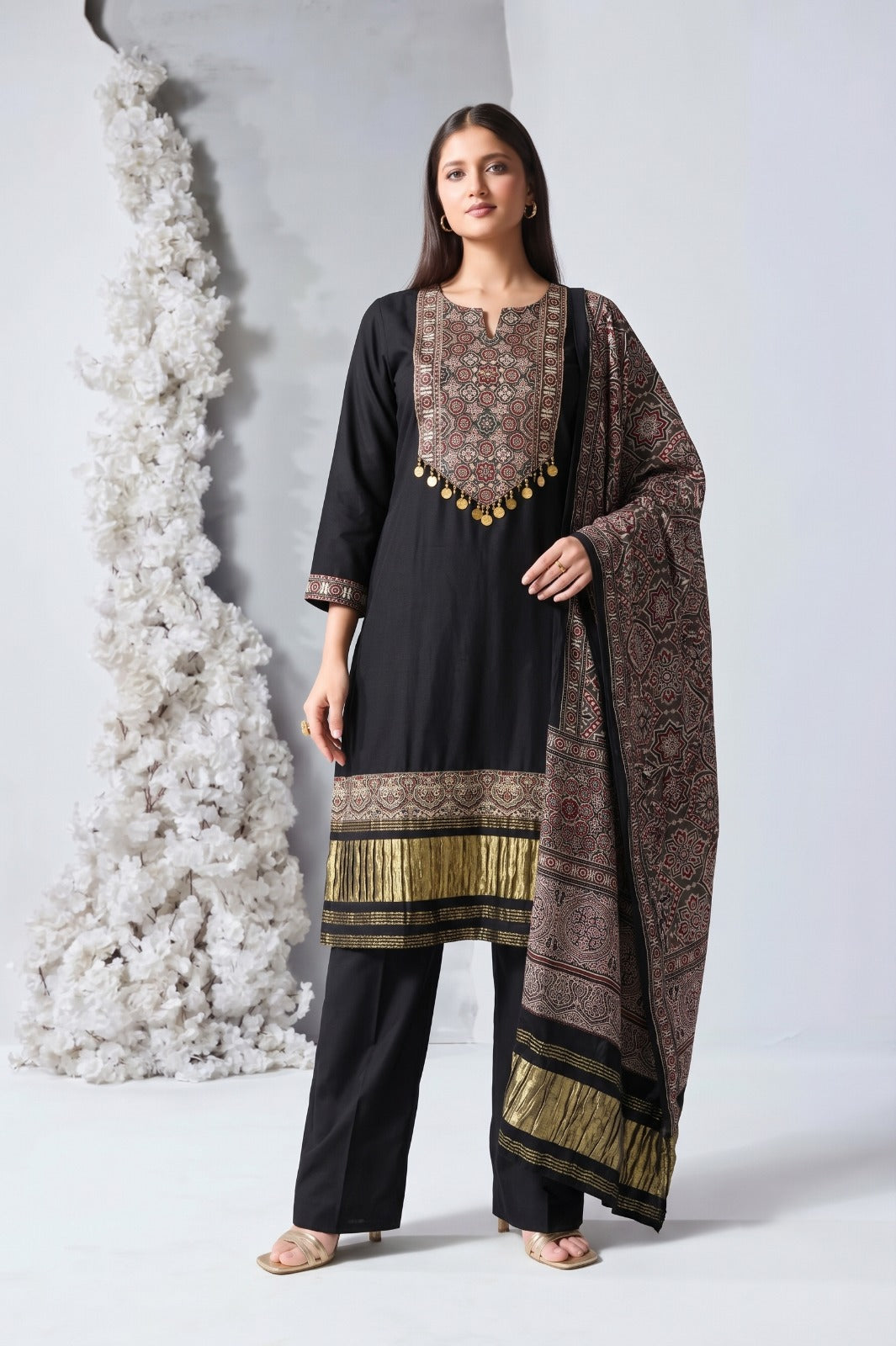 Onyx Black Embellished Raw Silk Pant Set
