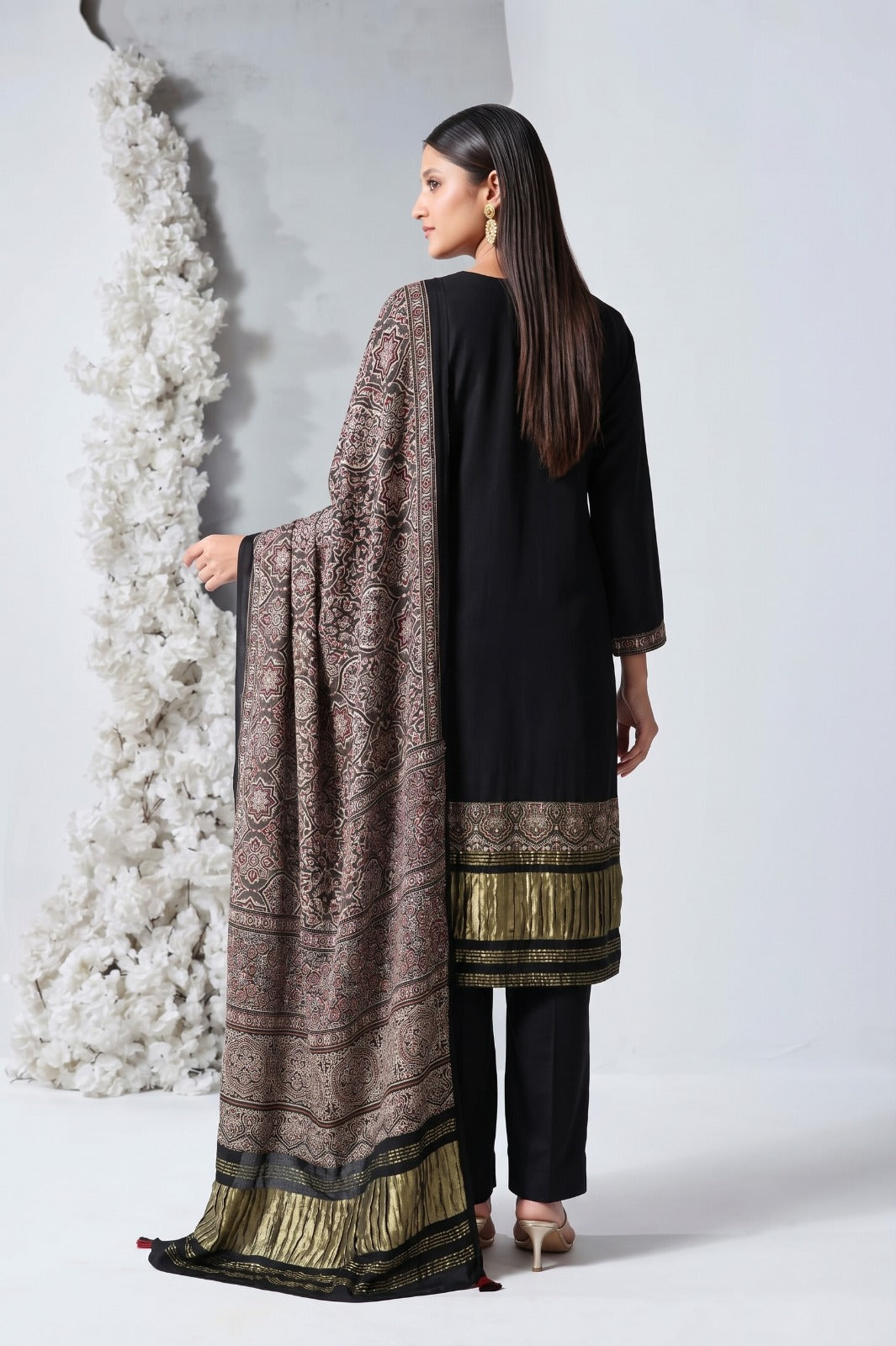 Onyx Black Embellished Raw Silk Pant Set