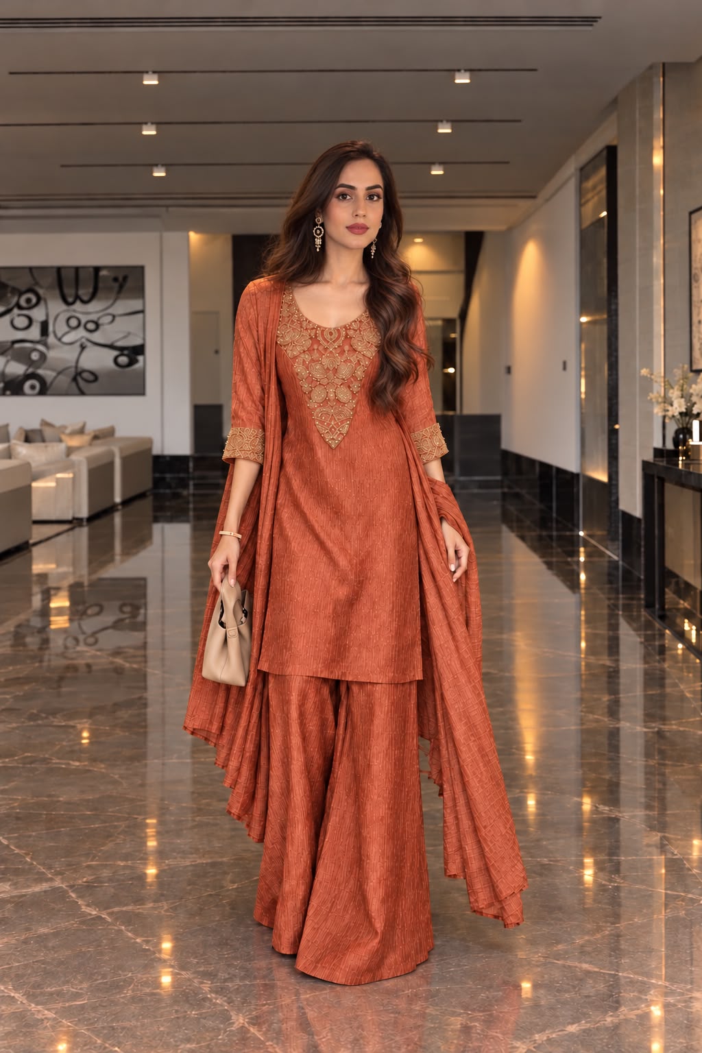 Coral Peach Embellished Silk Pure Tissue Silk Pant Set
