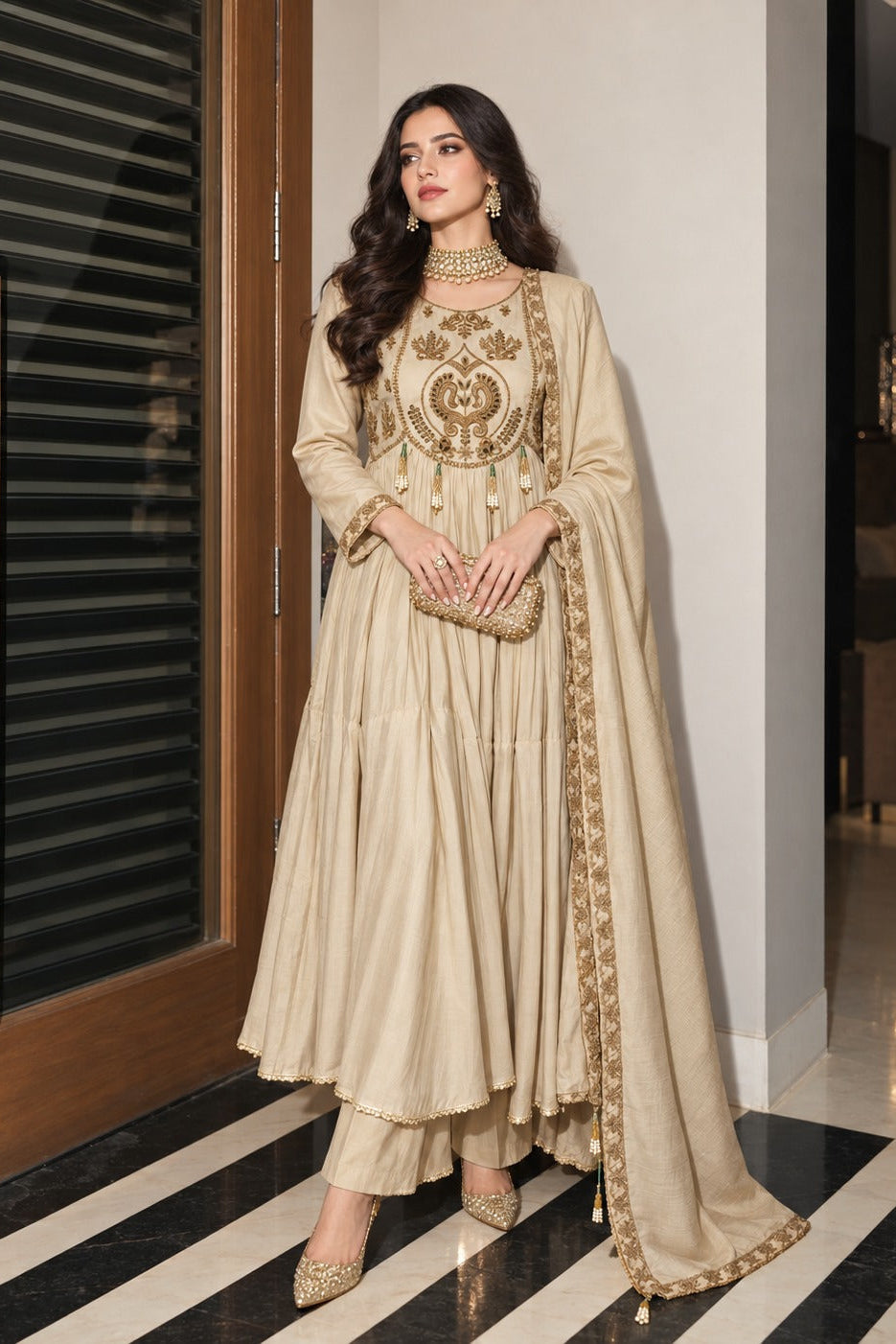 Opulent Ivory Embroidered Mul Chanderi Silk Anarkali Set