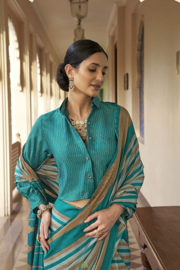 Peacock Turqoise Printed Crepe Silk Saree