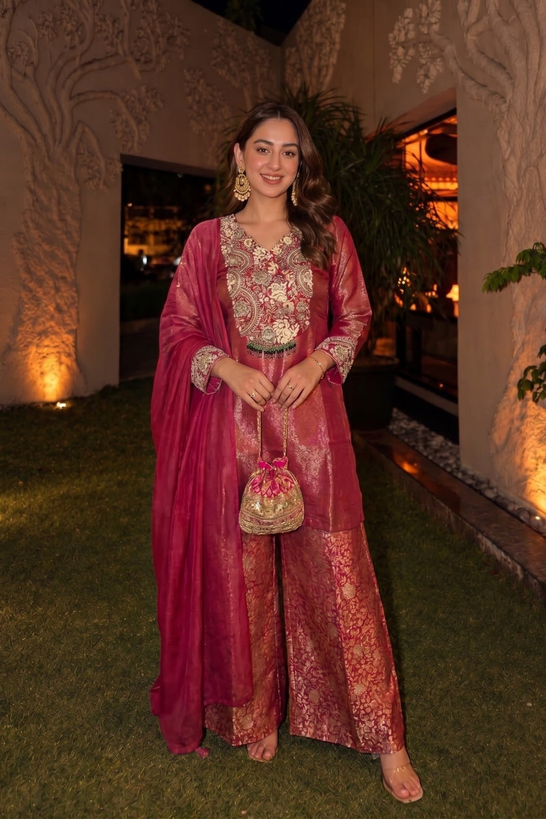 Rani Pink Embellished Shimmer Silk Palazzo Set