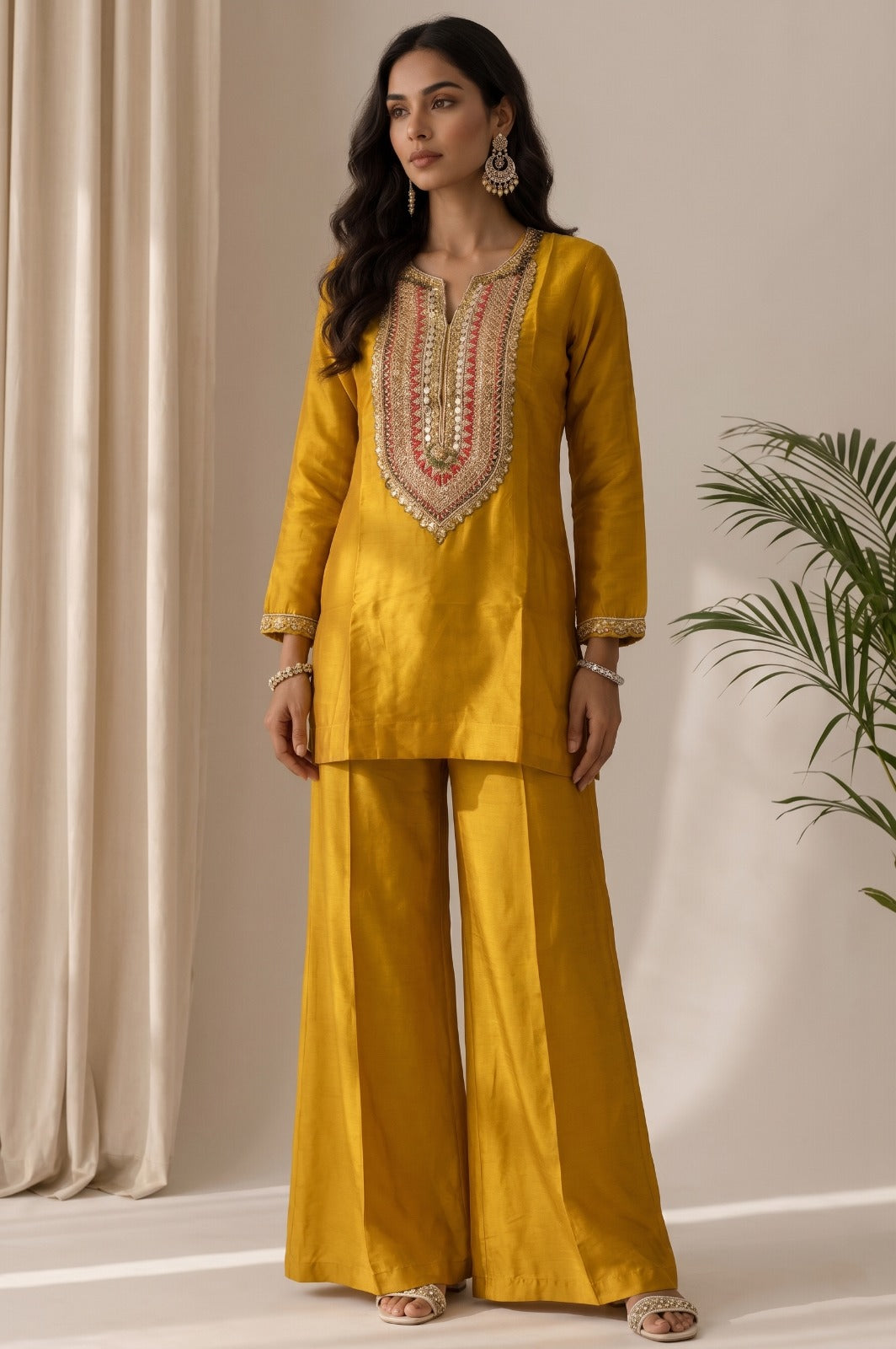 Mustard Yellow Embellished Organza Silk Palazzo Set