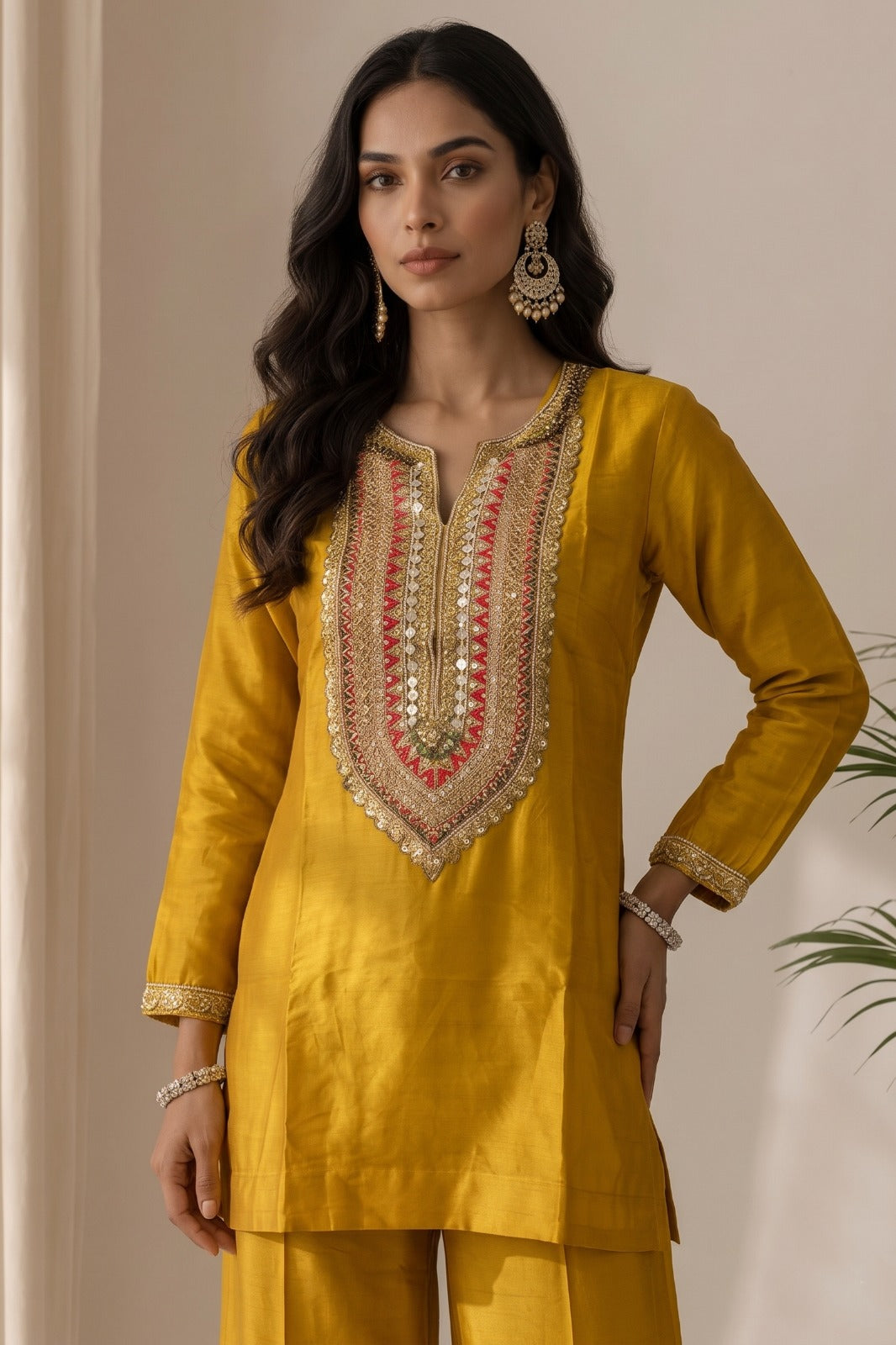 Mustard Yellow Embellished Organza Silk Palazzo Set