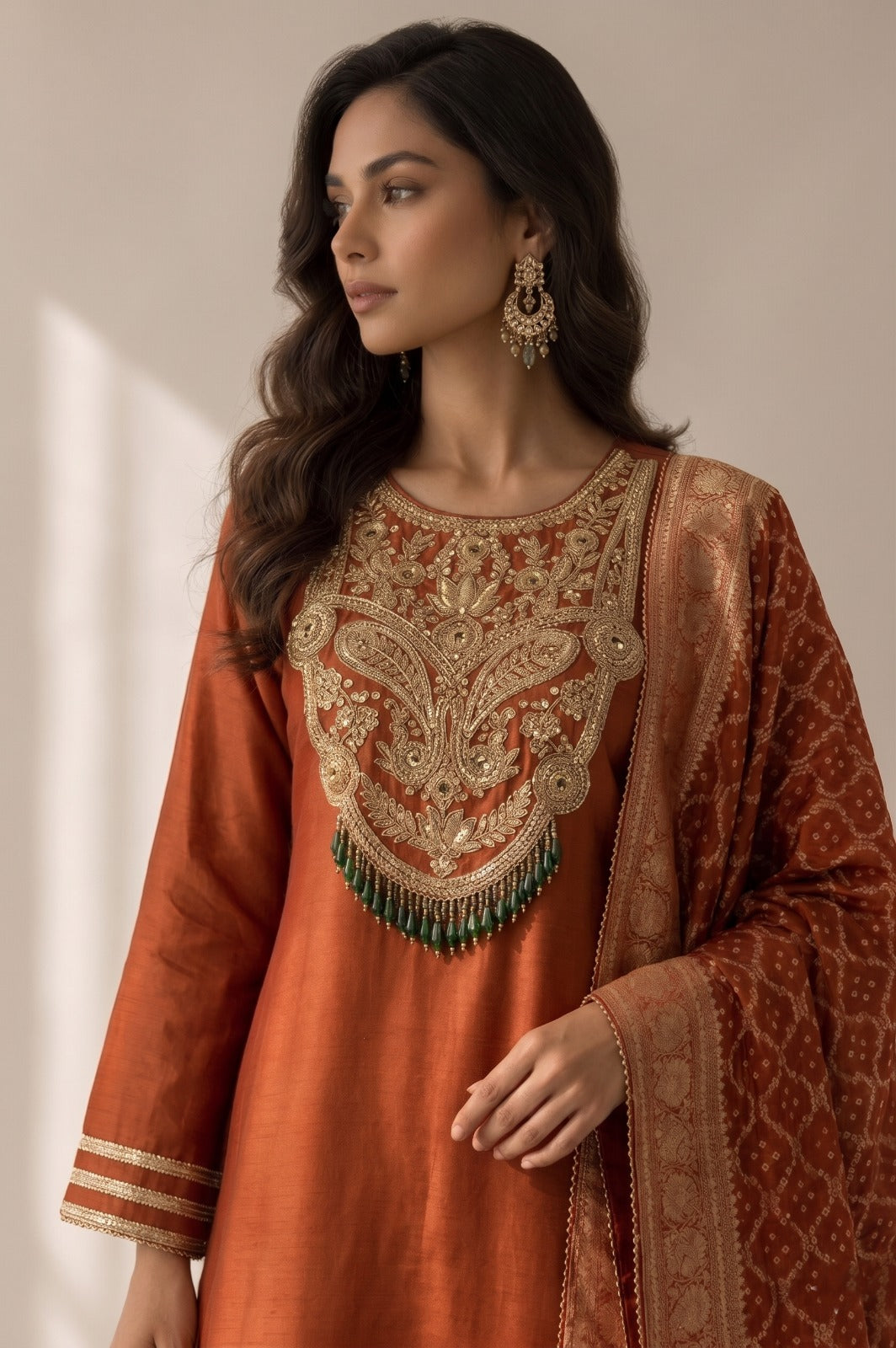 Rich Rust Embellished Raw Silk Palazzo Set