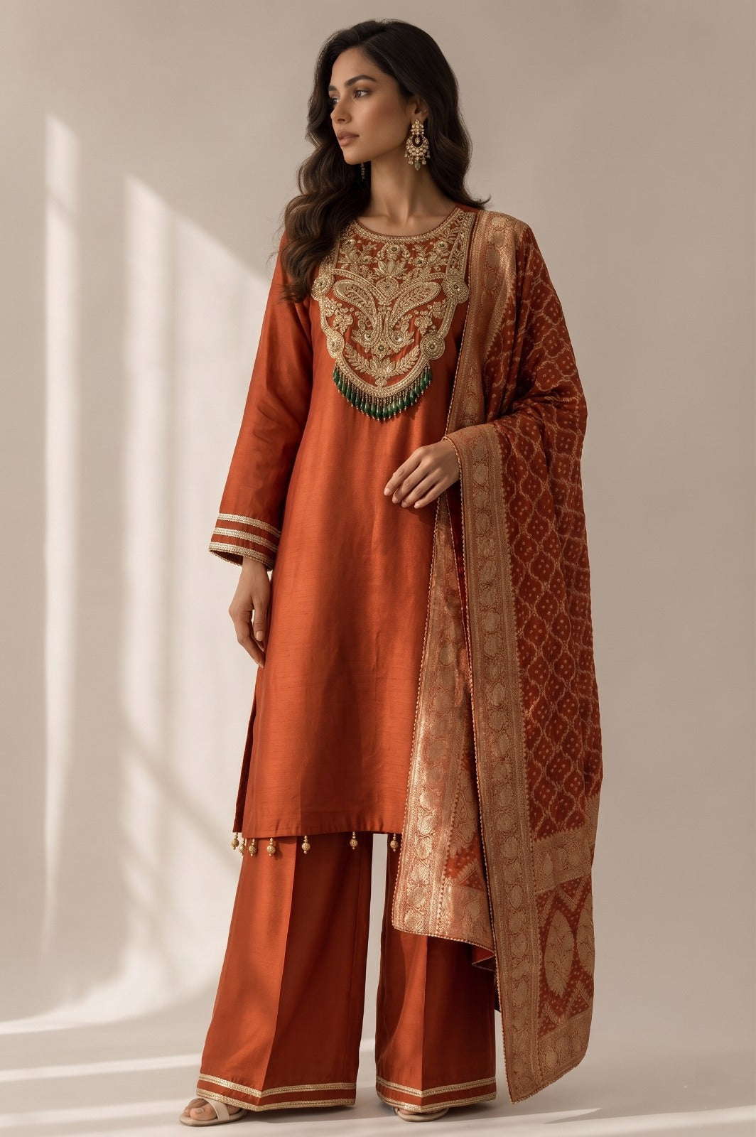 Rich Rust Embellished Raw Silk Palazzo Set